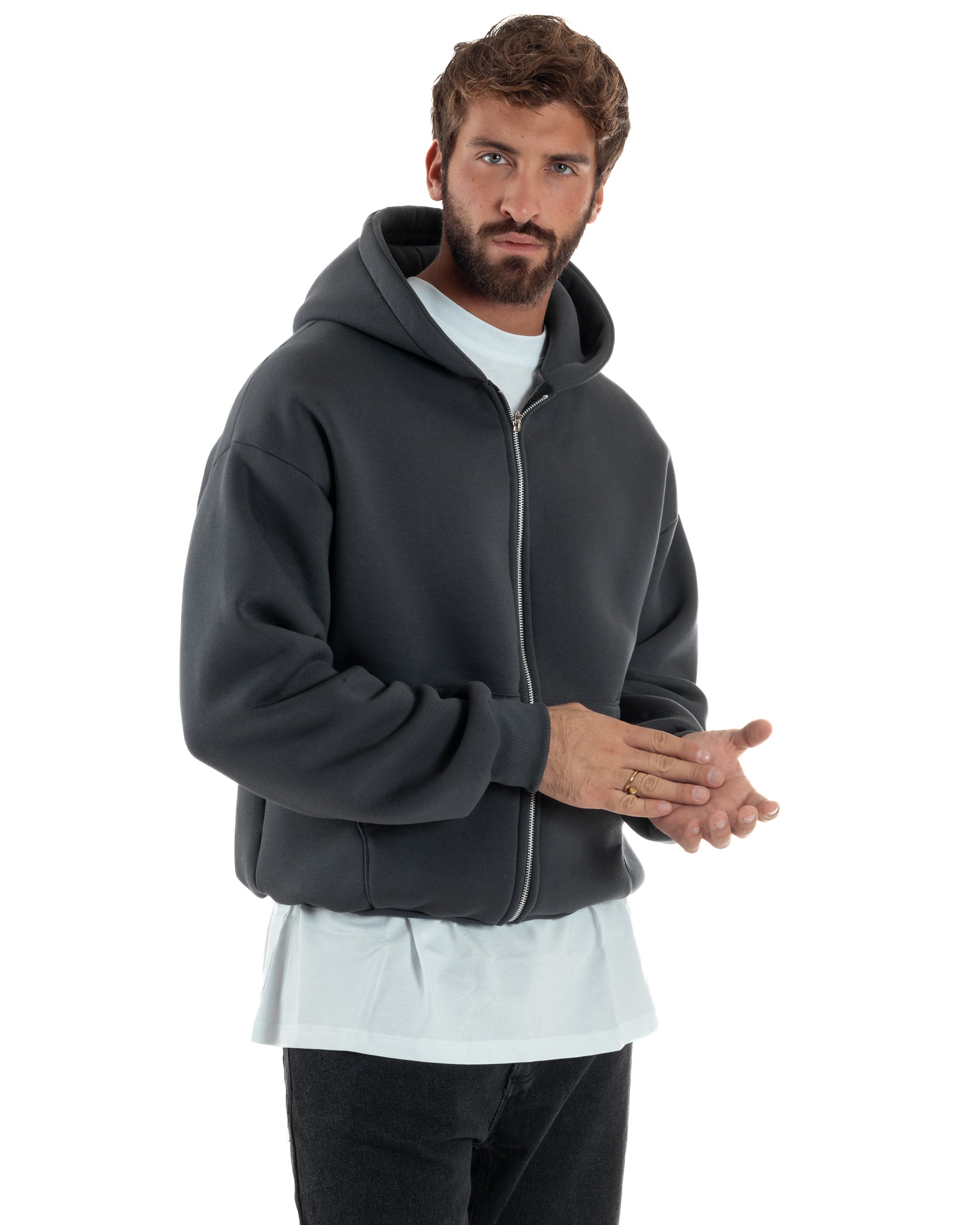 Felpa Boxy Fit Cappuccio E Zip Basic Felpata Piombo F3060A