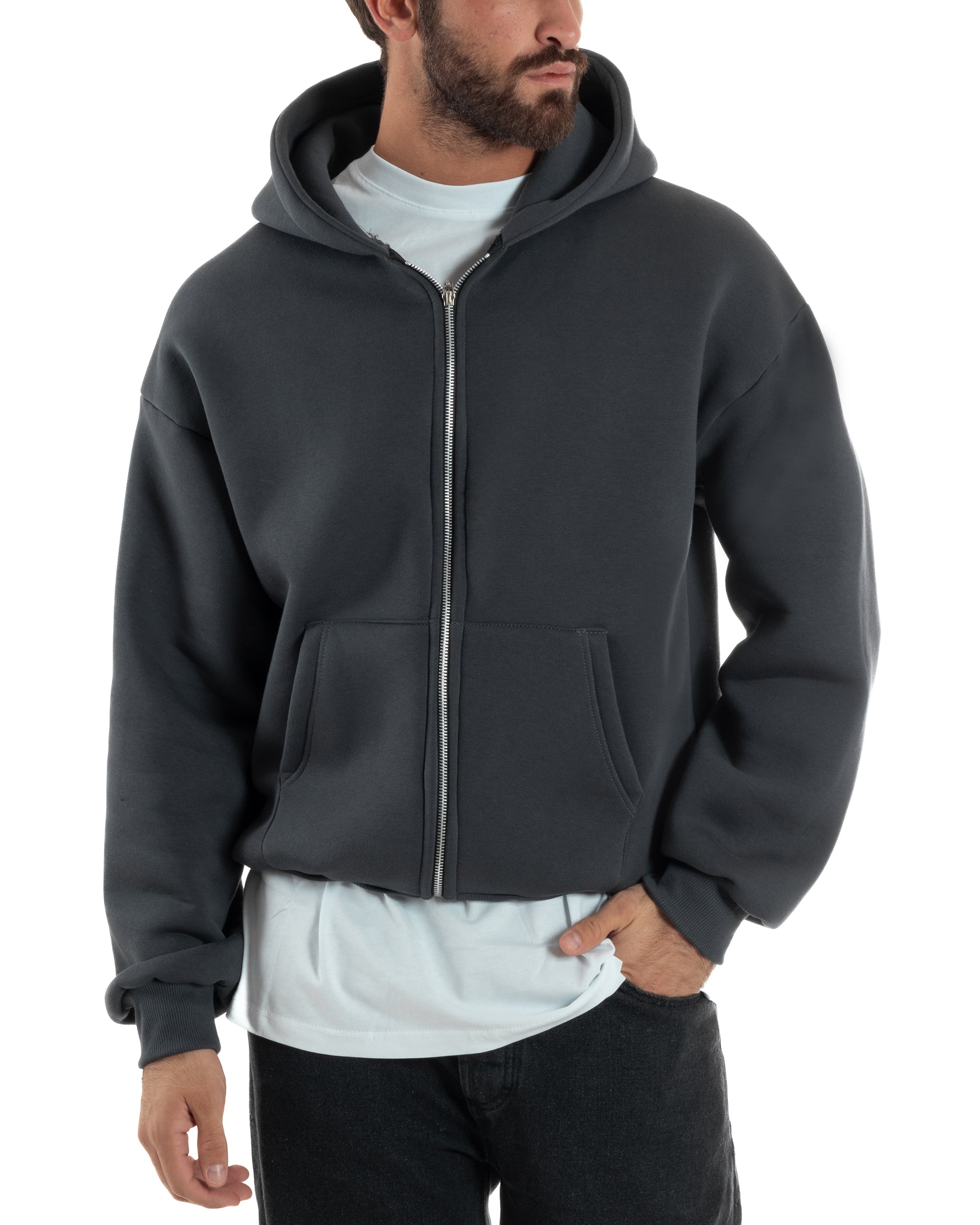 Felpa Boxy Fit Cappuccio E Zip Basic Felpata Piombo F3060A