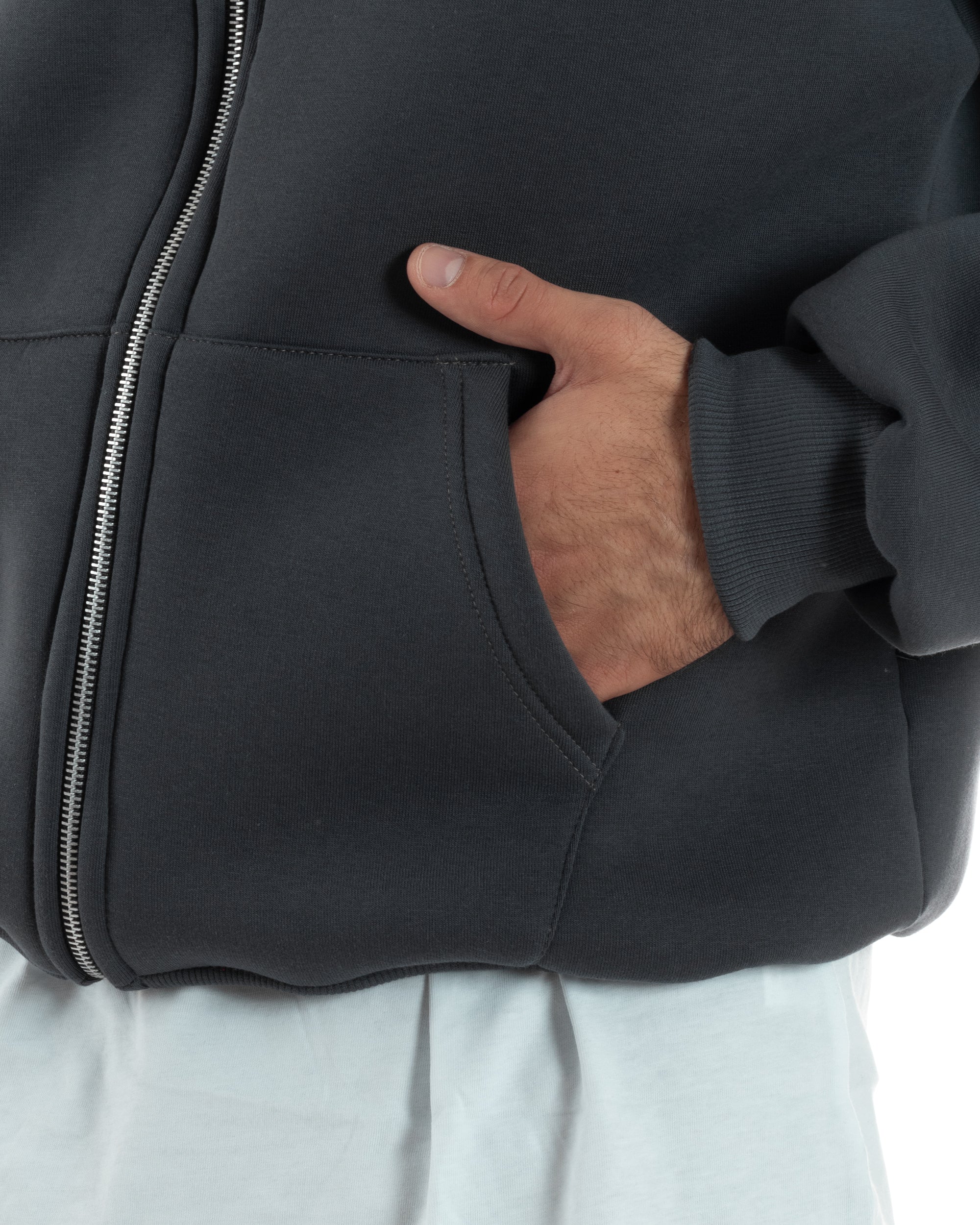 Felpa Boxy Fit Cappuccio E Zip Basic Felpata Piombo F3060A