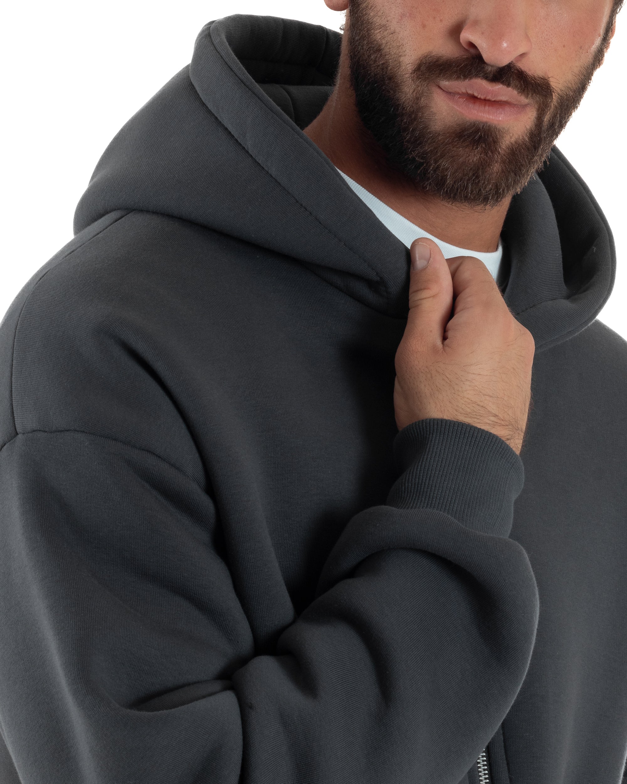 Felpa Boxy Fit Cappuccio E Zip Basic Felpata Piombo F3060A