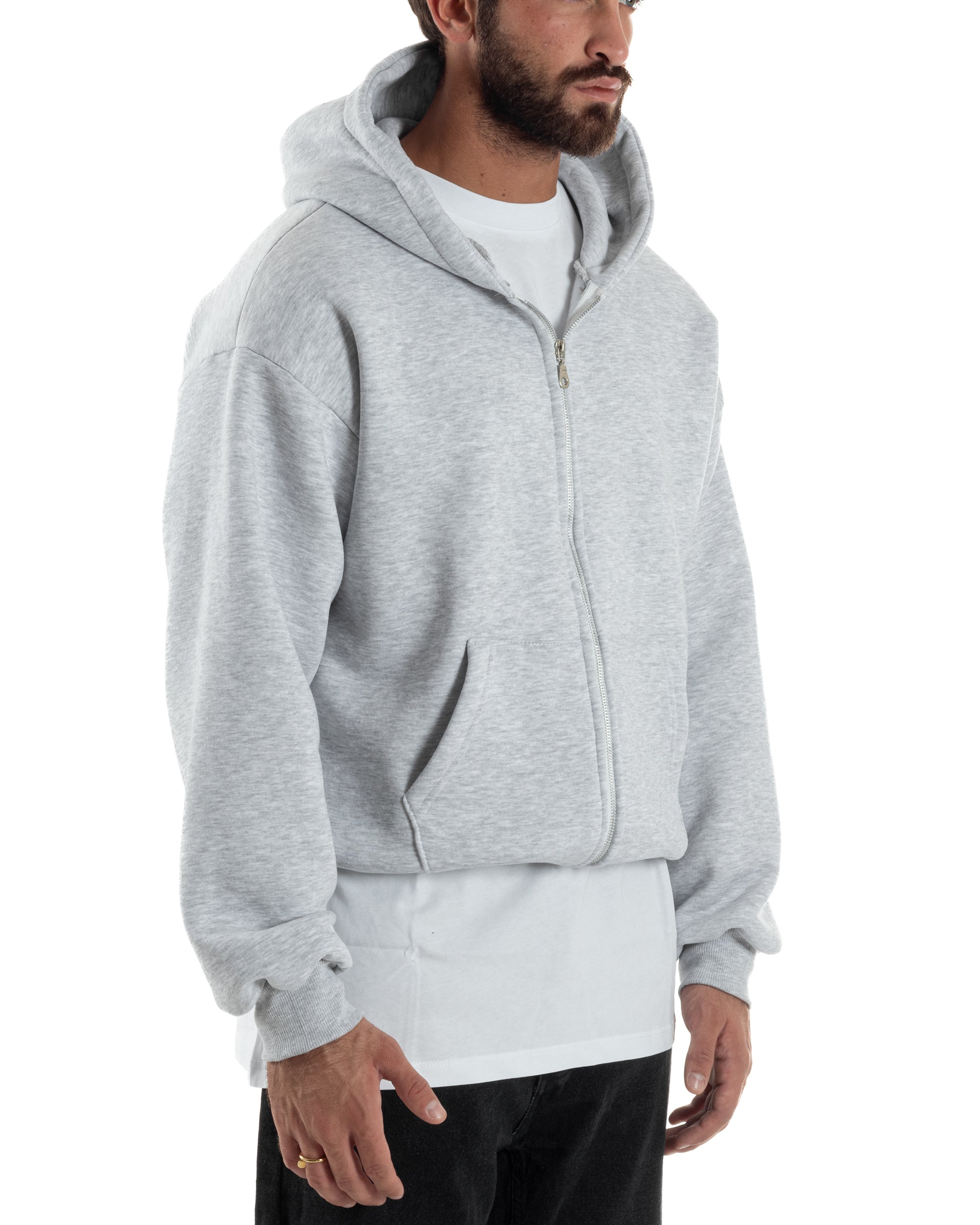 Felpa Boxy Fit Cappuccio E Zip Basic Felpata Grigio Chiaro F3059A