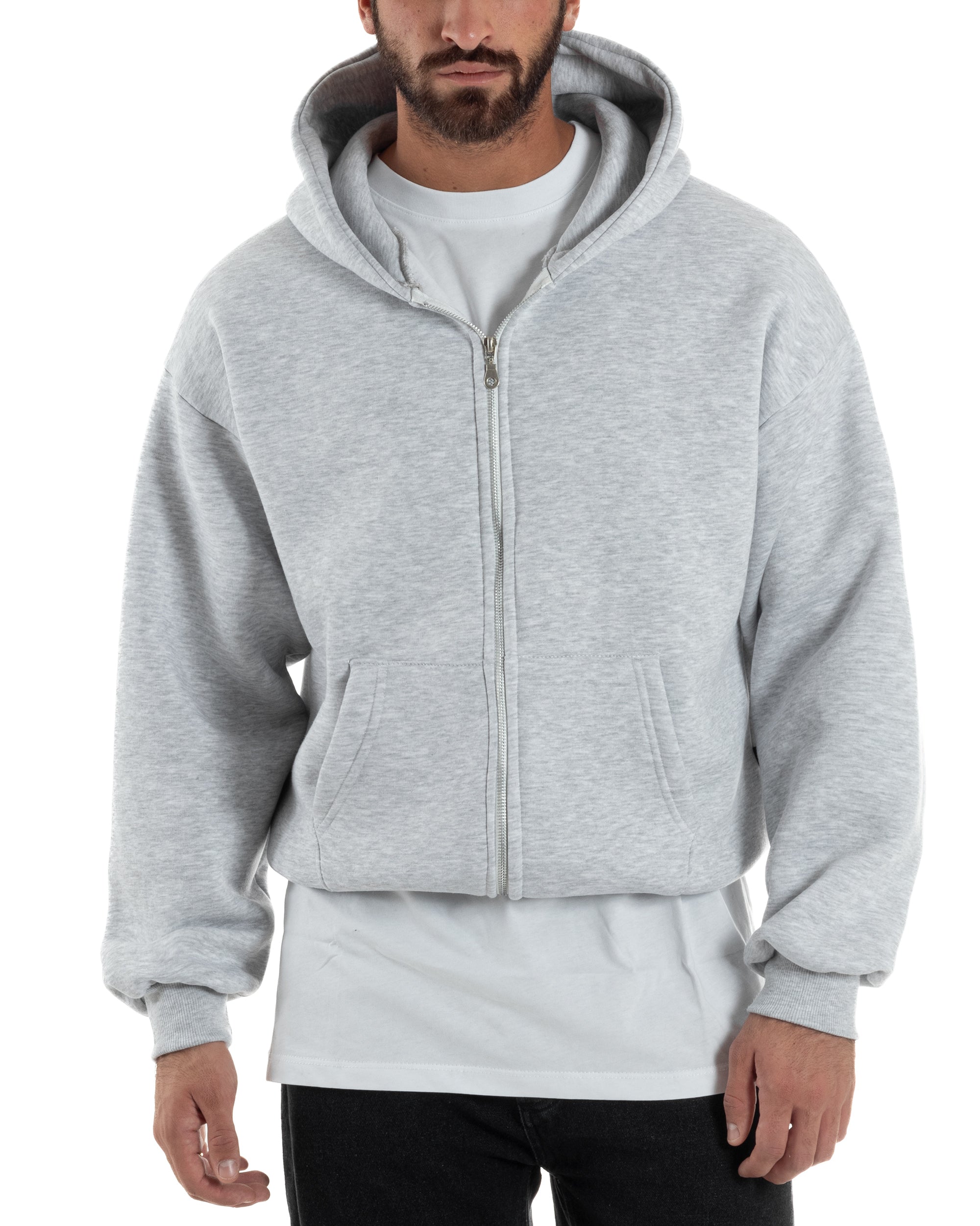 Felpa Boxy Fit Cappuccio E Zip Basic Felpata Grigio Chiaro F3059A