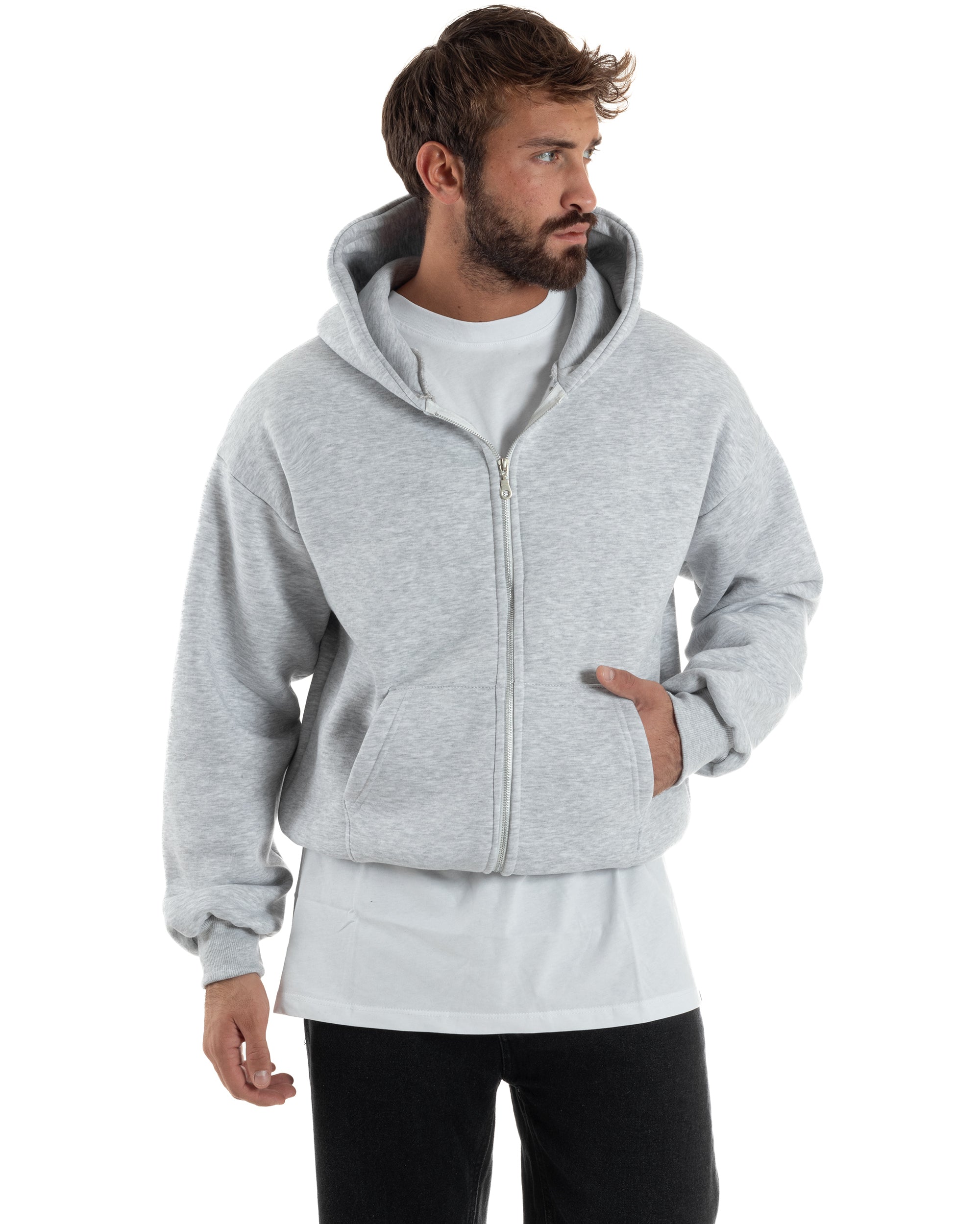 Felpa Boxy Fit Cappuccio E Zip Basic Felpata Grigio Chiaro F3059A