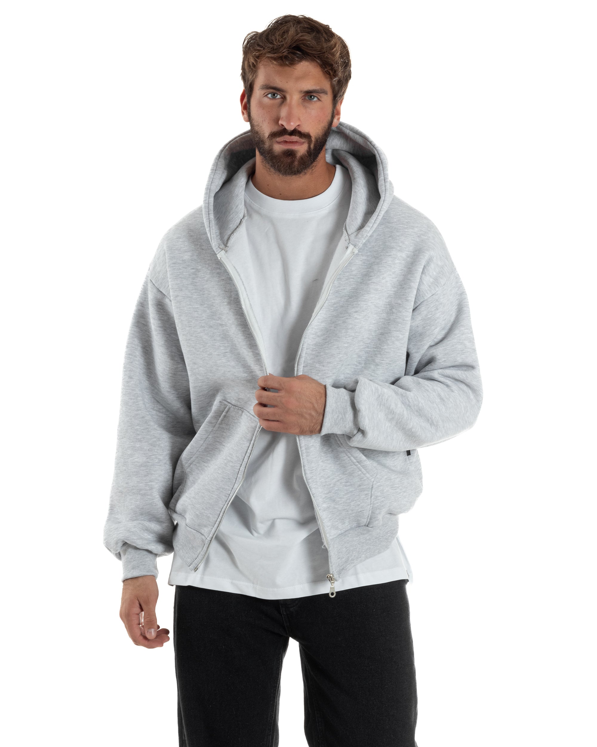 Felpa Boxy Fit Cappuccio E Zip Basic Felpata Grigio Chiaro F3059A