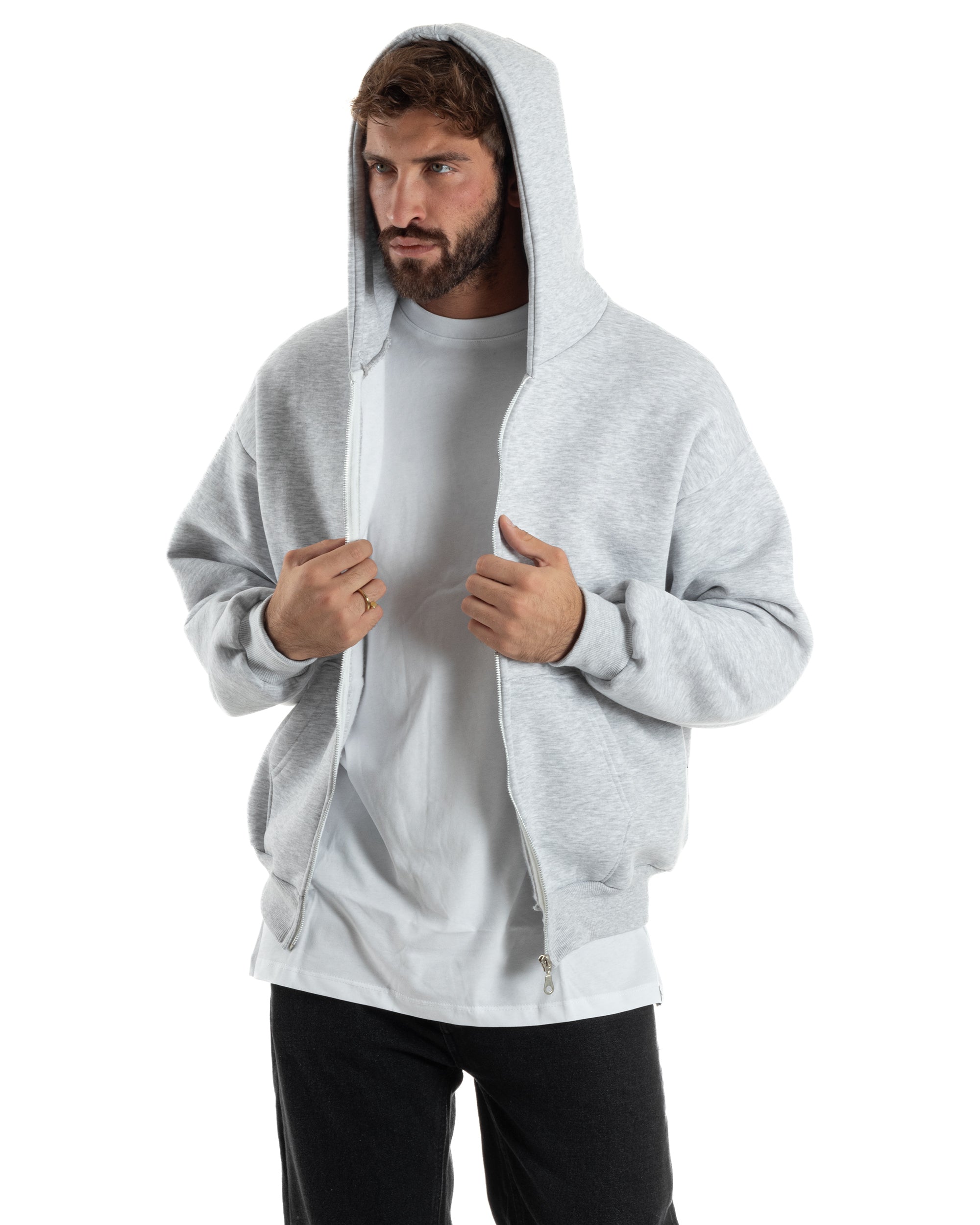 Felpa Boxy Fit Cappuccio E Zip Basic Felpata Grigio Chiaro F3059A