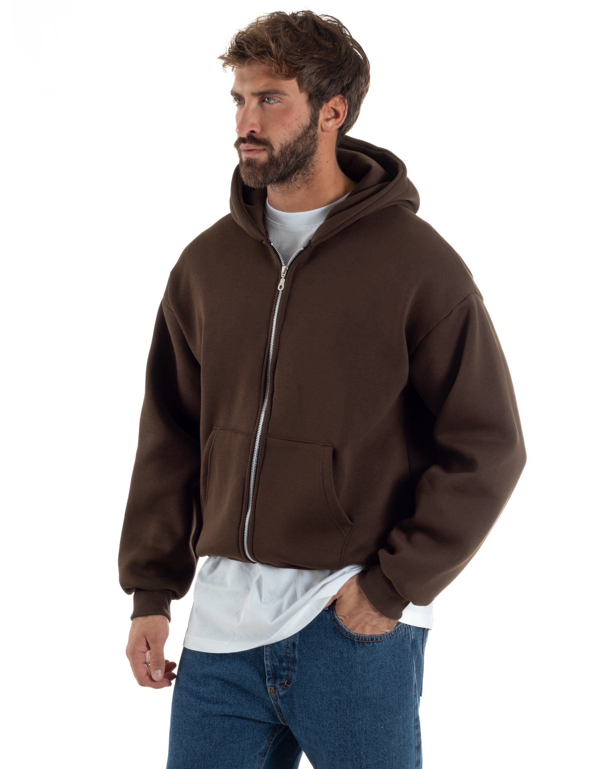 Felpa Boxy Fit Cappuccio E Zip Basic Felpata Marrone F3064A