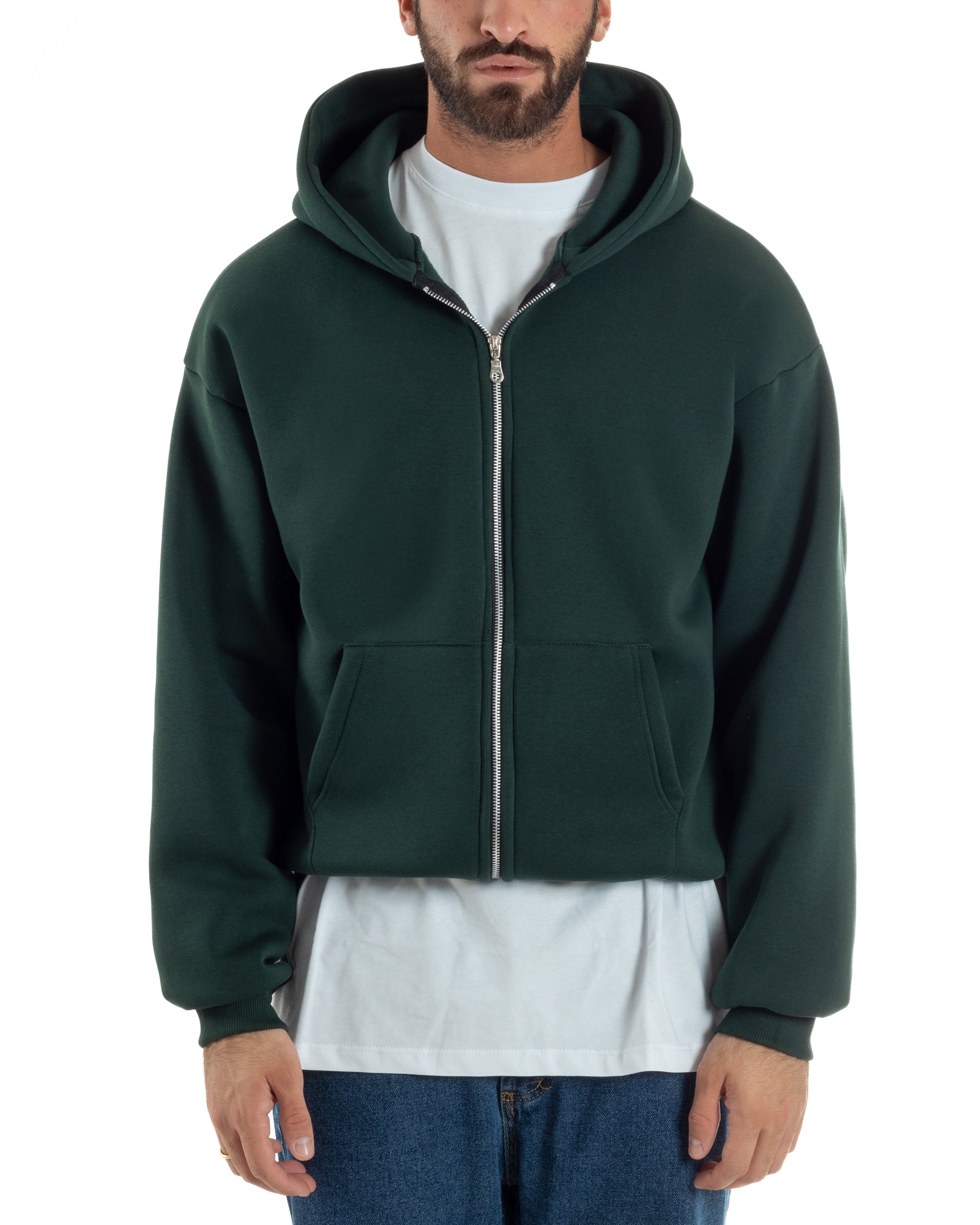 Felpa Boxy Fit Cappuccio E Zip Basic Felpata Verde F3063A