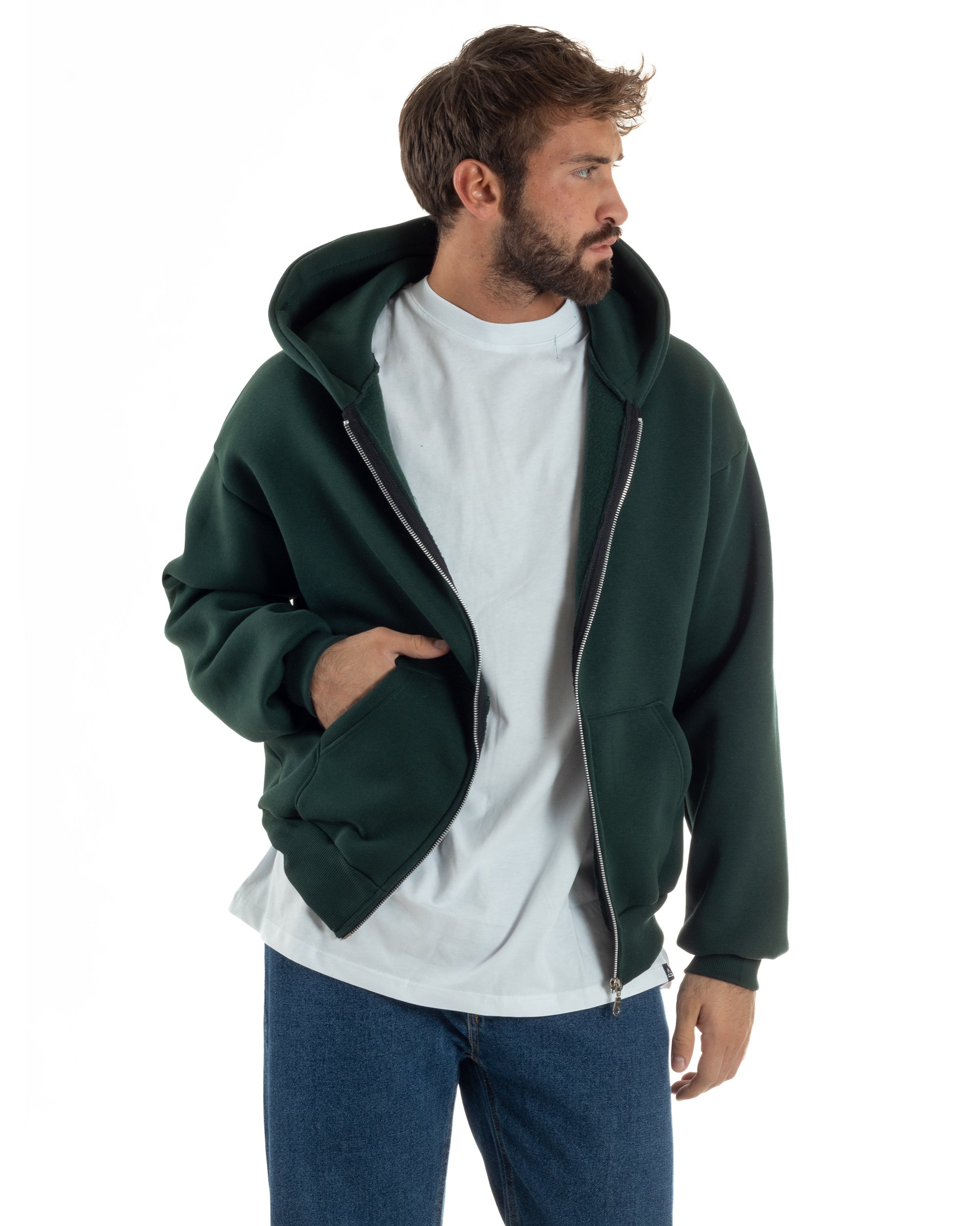 Felpa Boxy Fit Cappuccio E Zip Basic Felpata Verde F3063A