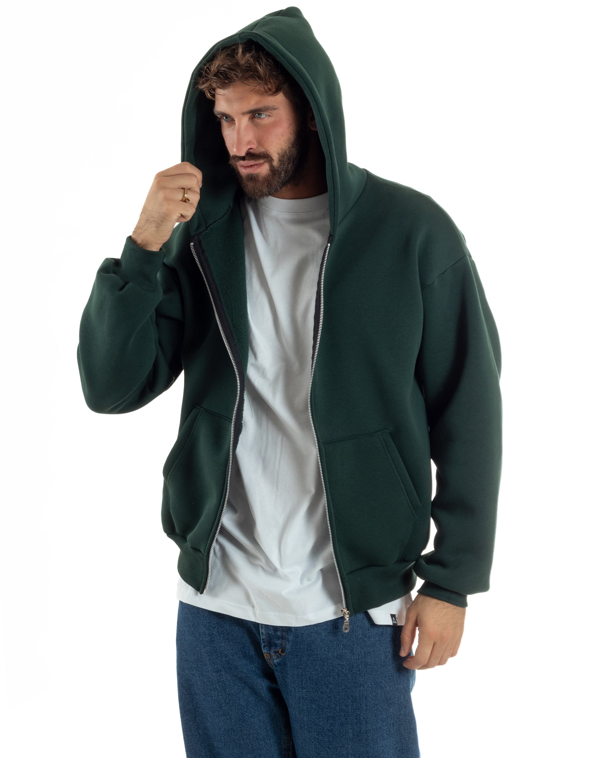 Felpa Boxy Fit Cappuccio E Zip Basic Felpata Verde F3063A