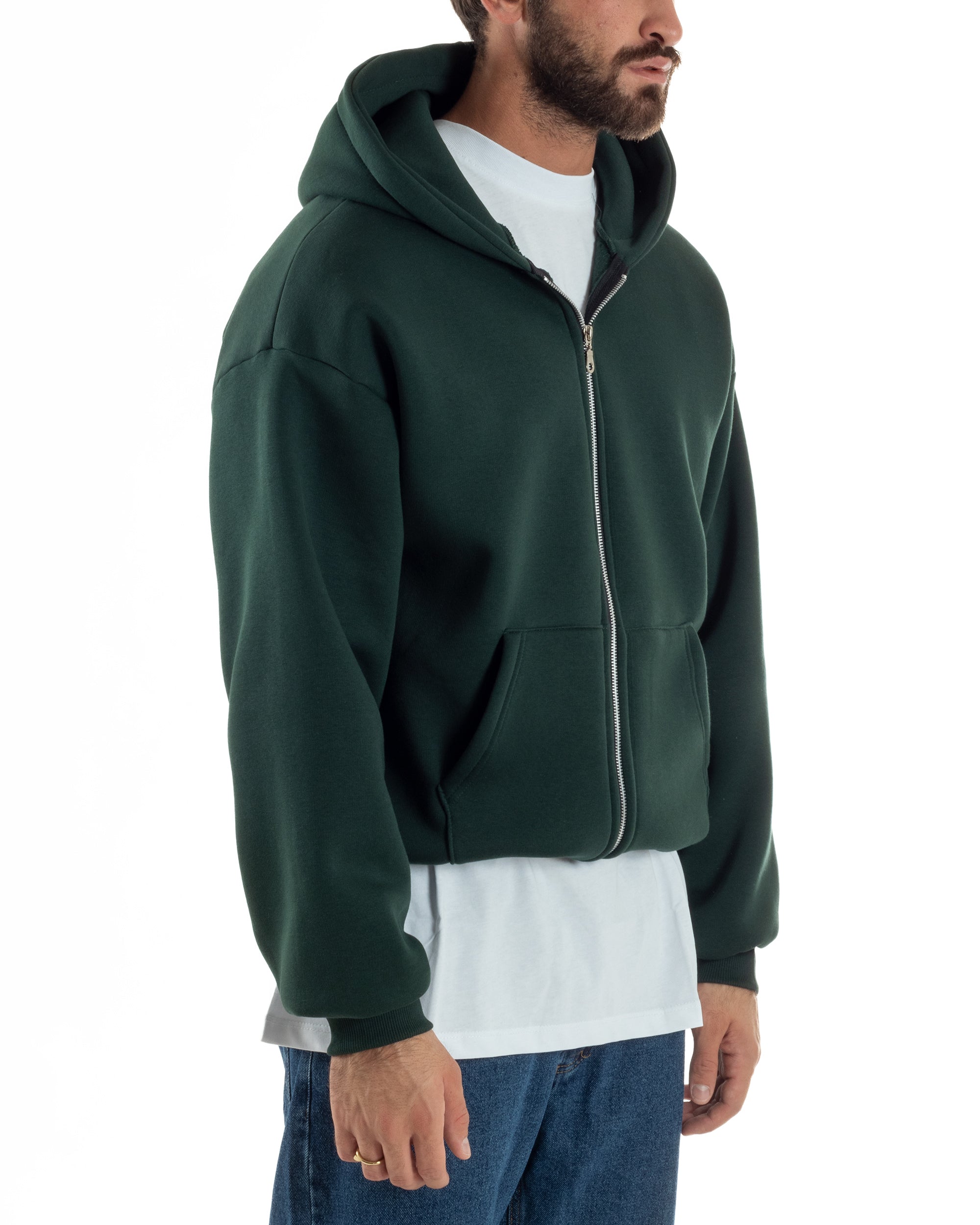 Felpa Boxy Fit Cappuccio E Zip Basic Felpata Verde F3063A