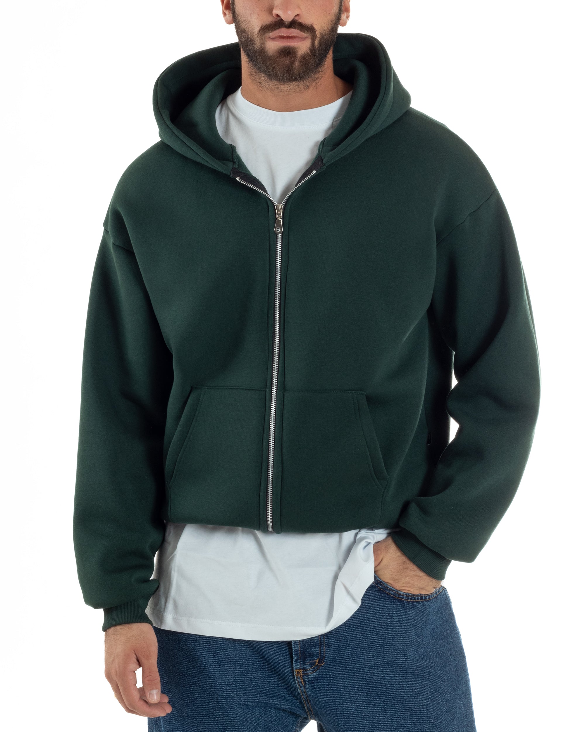 Felpa Boxy Fit Cappuccio E Zip Basic Felpata Verde F3063A