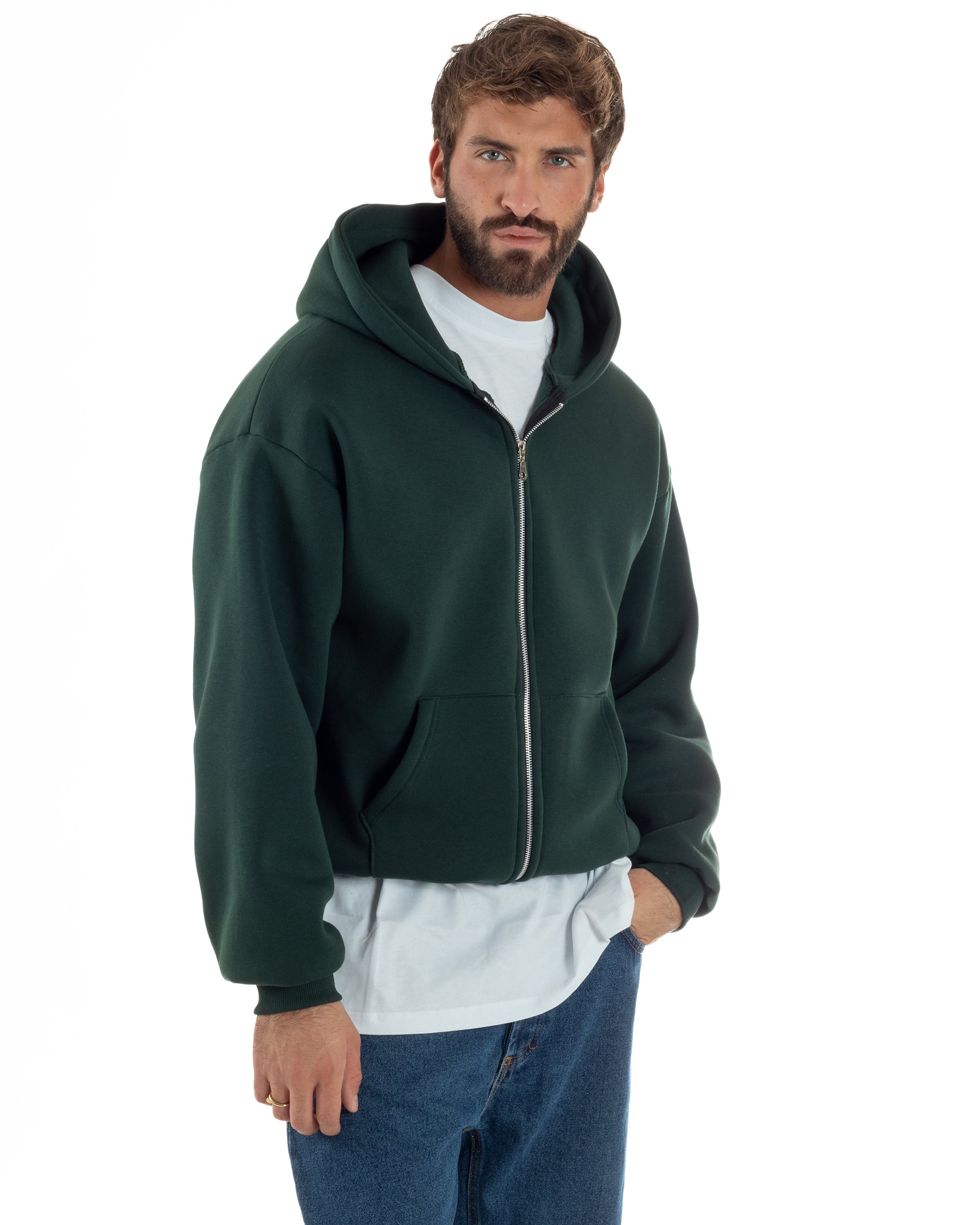 Felpa Boxy Fit Cappuccio E Zip Basic Felpata Verde F3063A