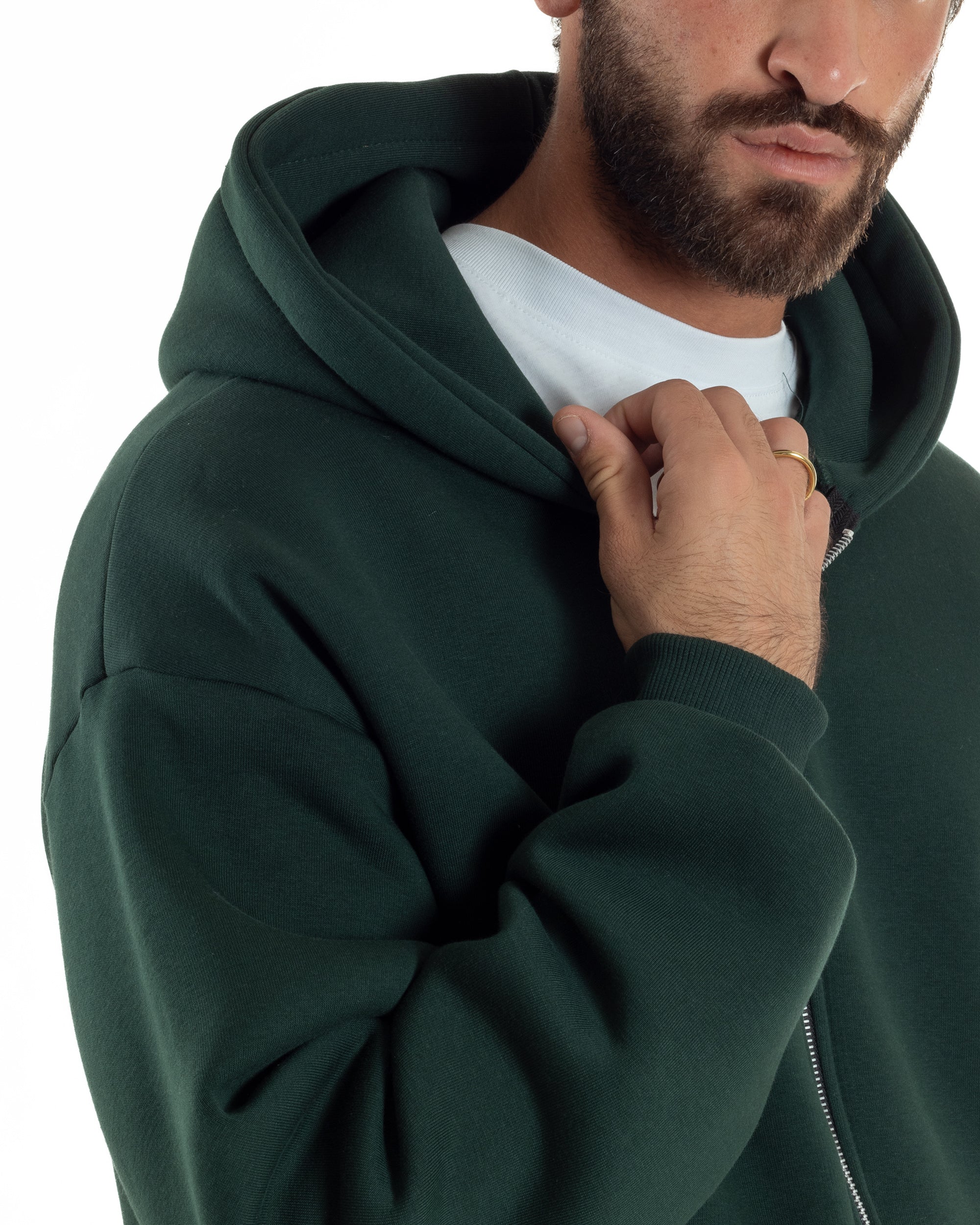 Felpa Boxy Fit Cappuccio E Zip Basic Felpata Verde F3063A