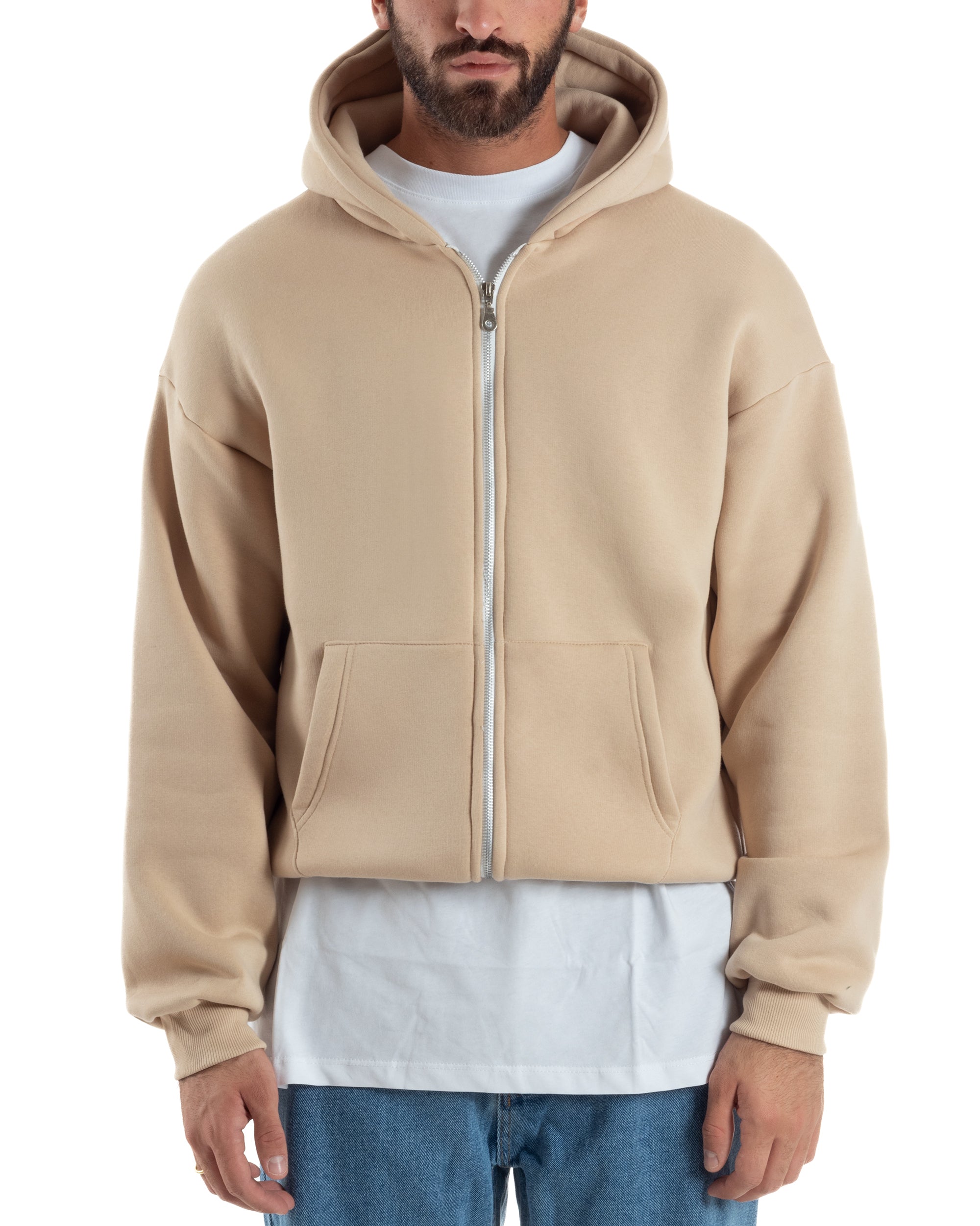 Felpa Boxy Fit Cappuccio E Zip Basic Felpata Beige F3062A