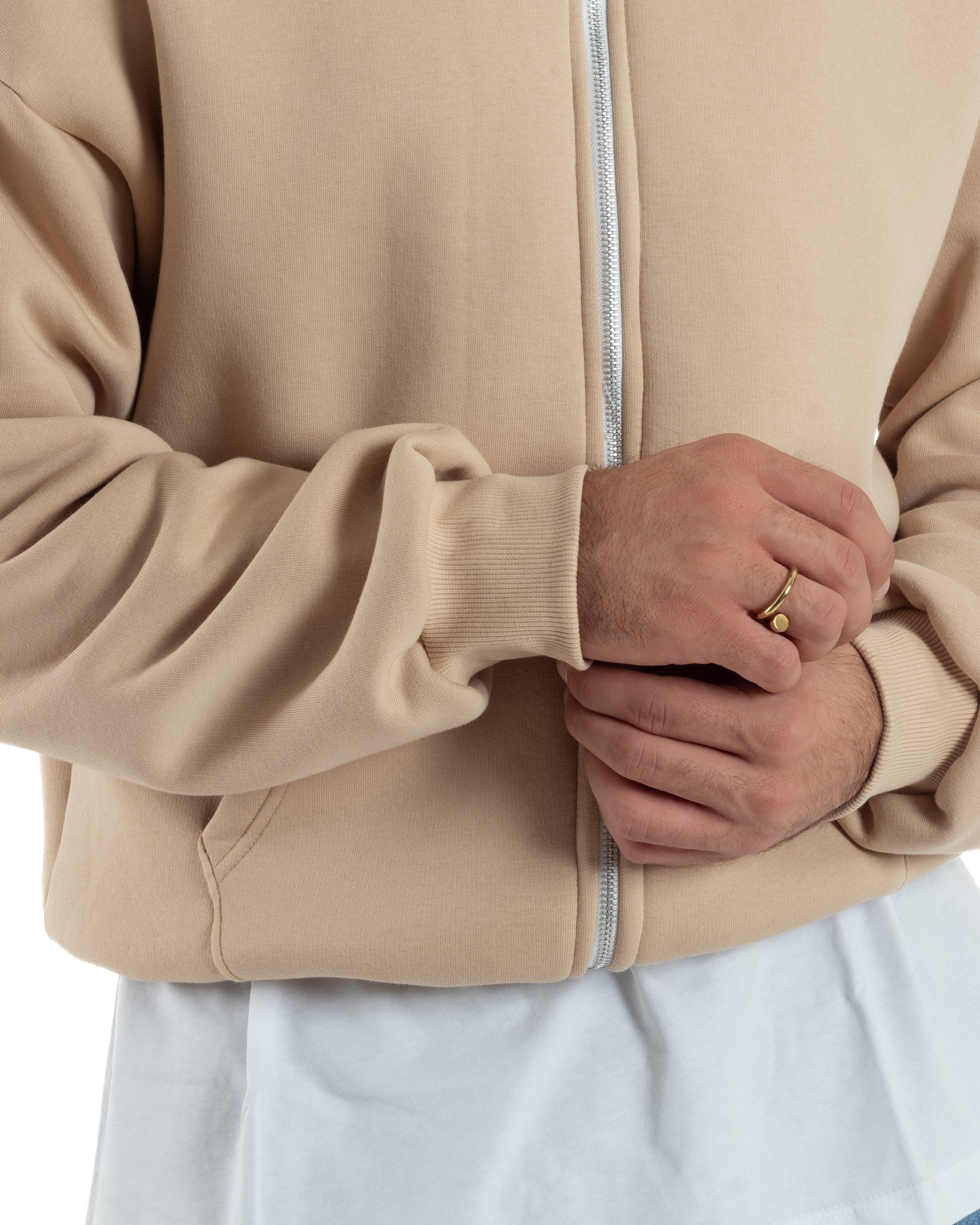 Felpa Boxy Fit Cappuccio E Zip Basic Felpata Beige F3062A