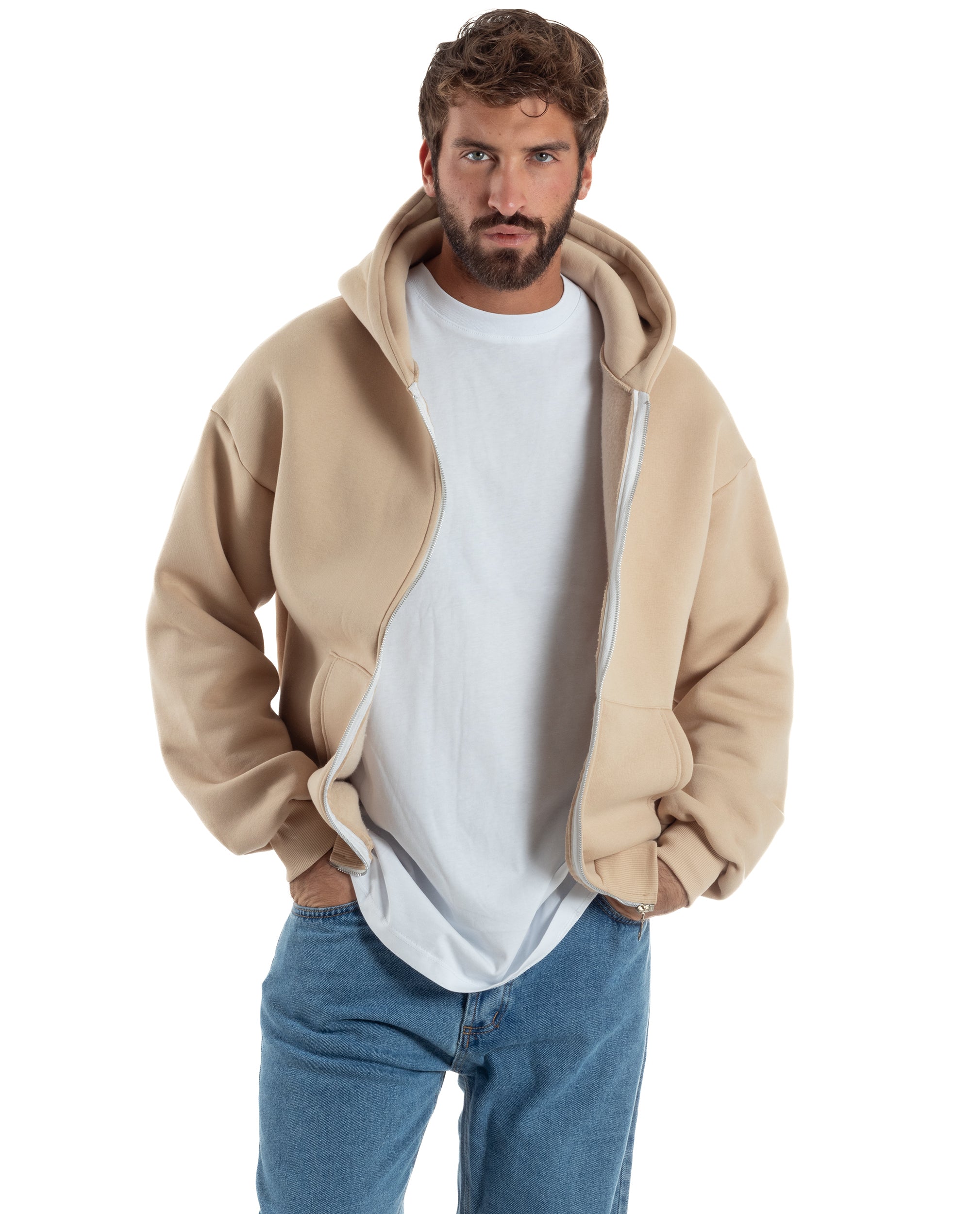 Felpa Boxy Fit Cappuccio E Zip Basic Felpata Beige F3062A