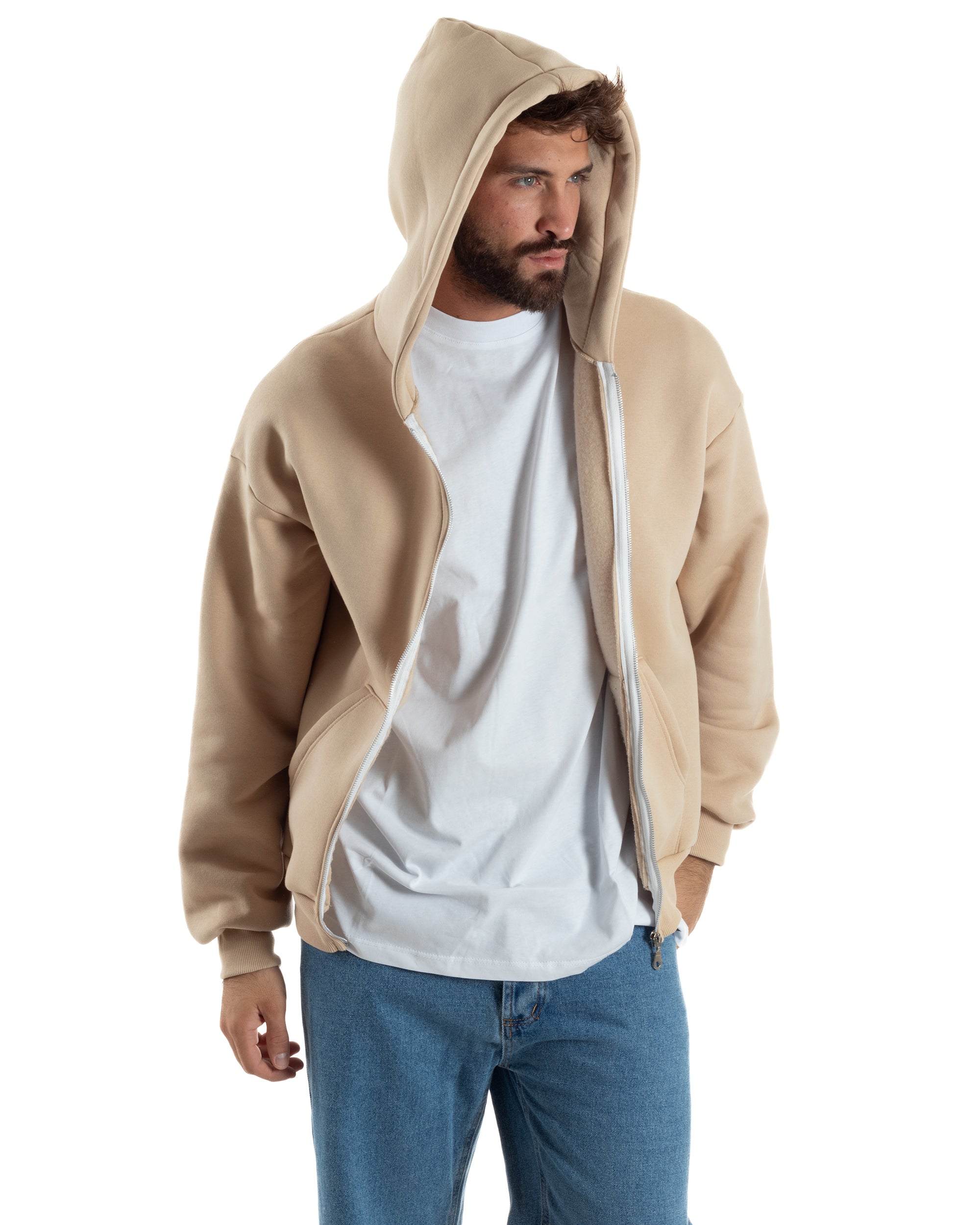Felpa Boxy Fit Cappuccio E Zip Basic Felpata Beige F3062A