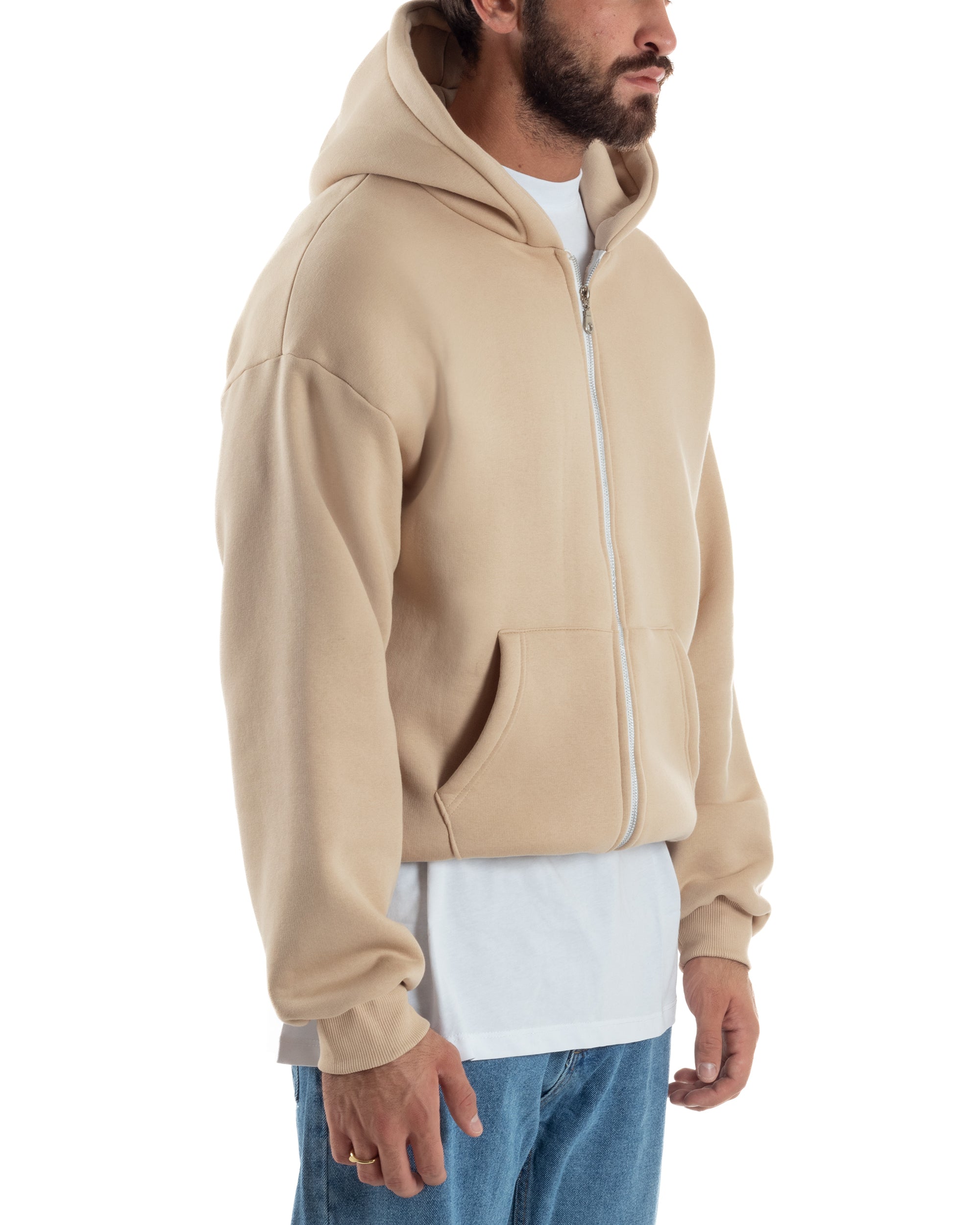 Felpa Boxy Fit Cappuccio E Zip Basic Felpata Beige F3062A