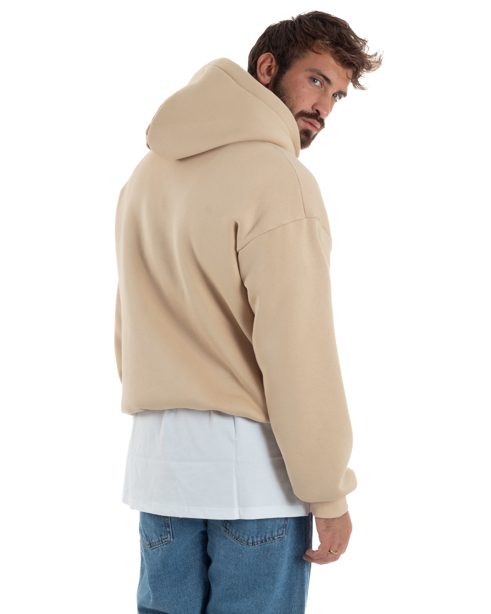 Felpa Boxy Fit Cappuccio E Zip Basic Felpata Beige F3062A