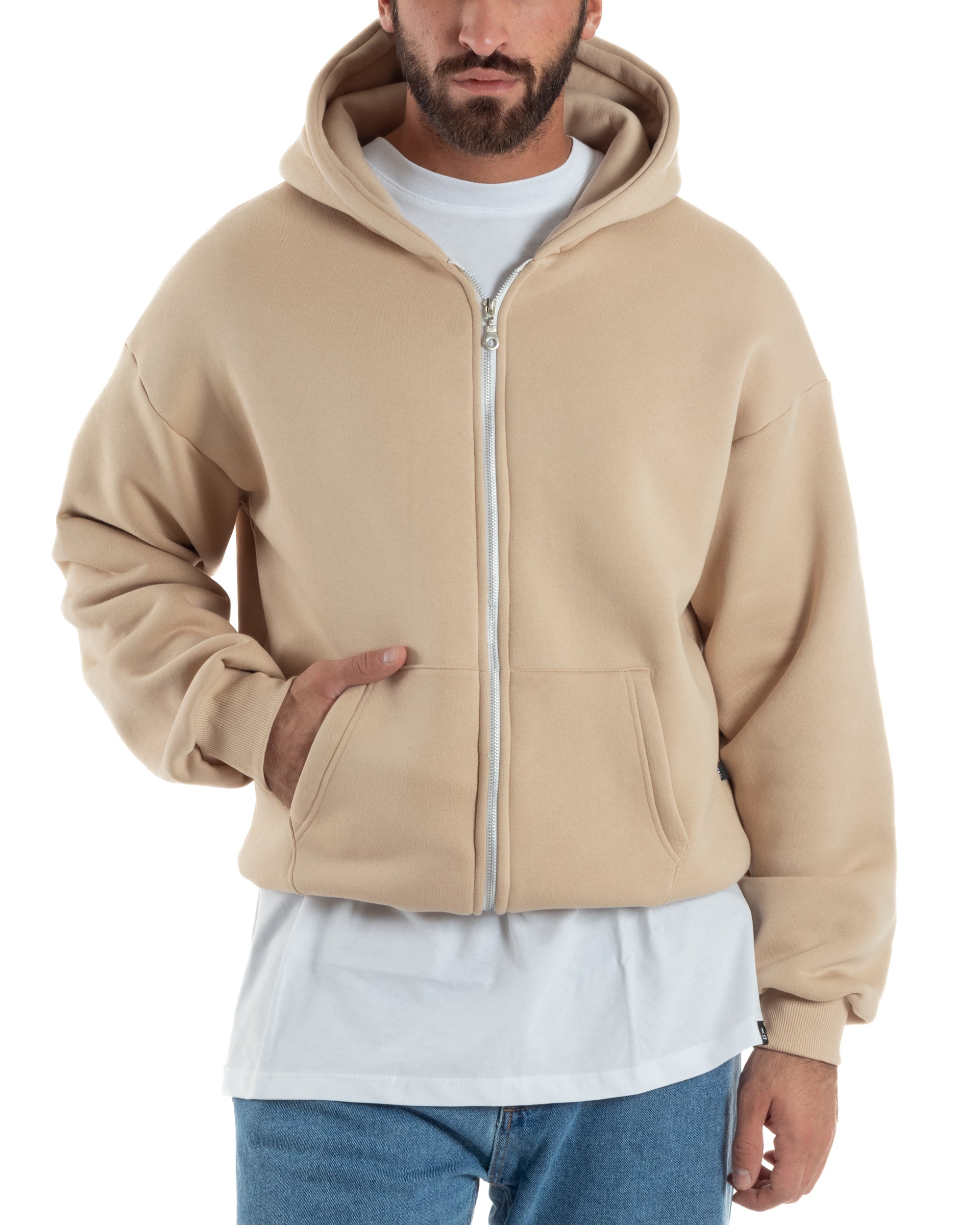 Felpa Boxy Fit Cappuccio E Zip Basic Felpata Beige F3062A