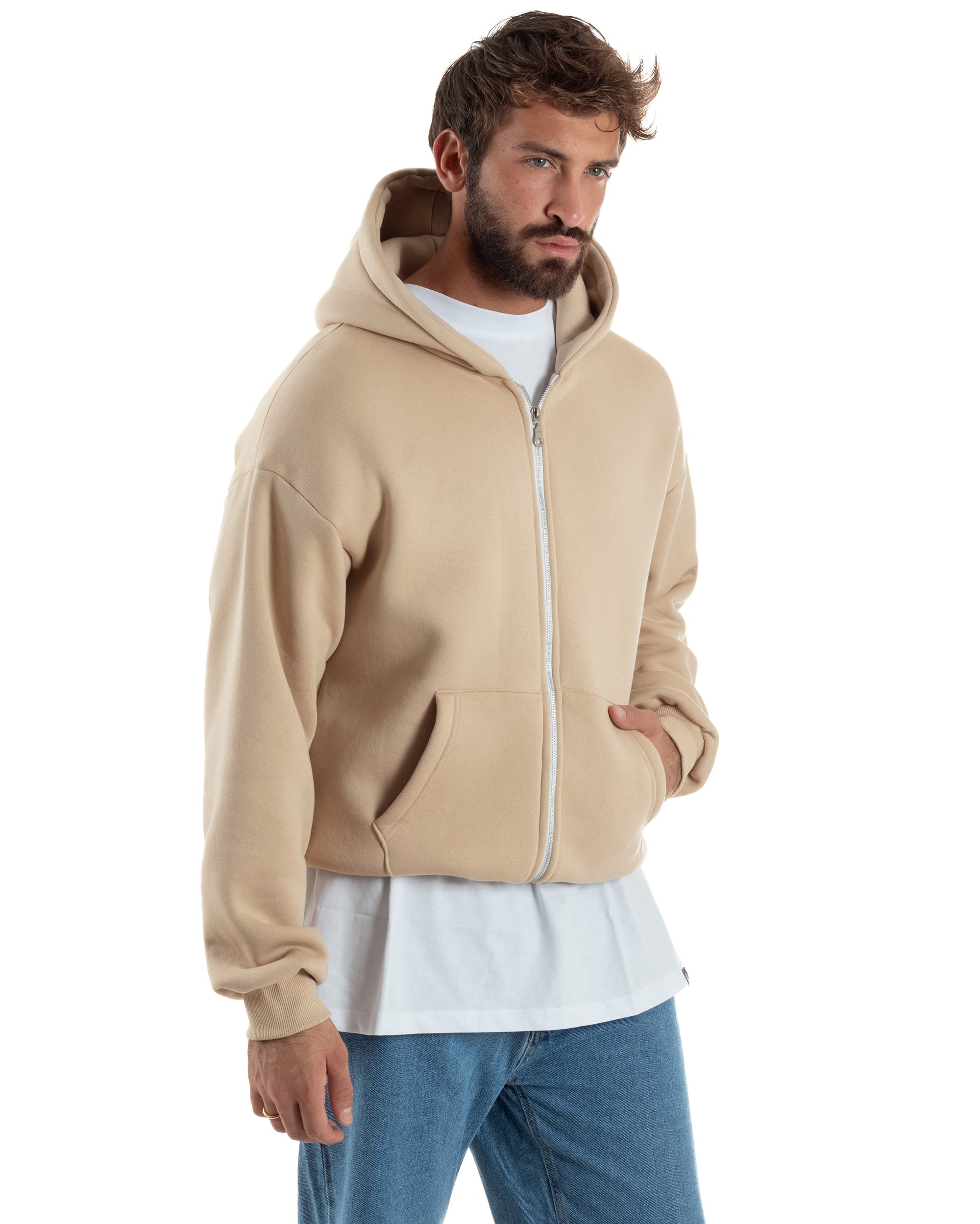 Felpa Boxy Fit Cappuccio E Zip Basic Felpata Beige F3062A