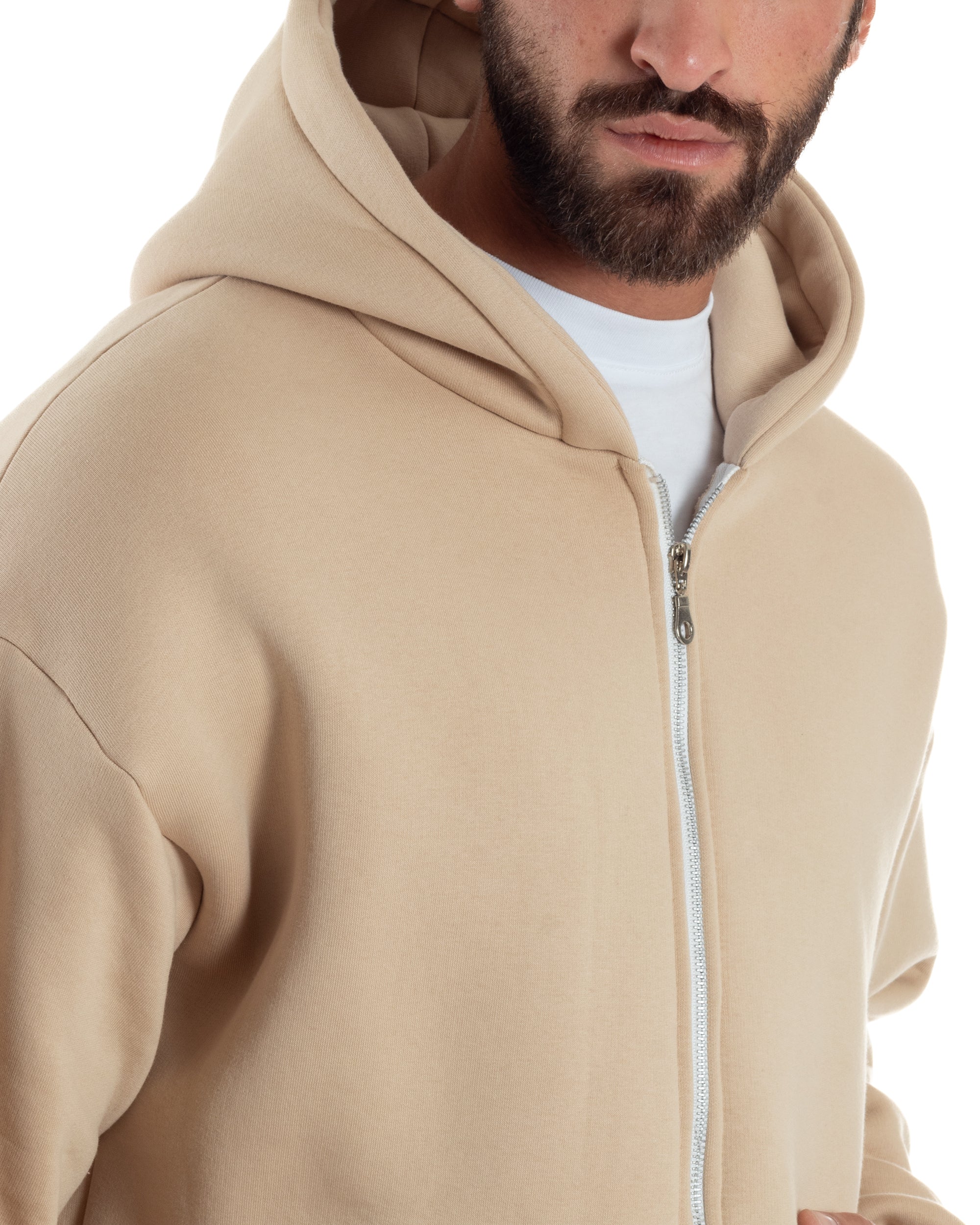 Felpa Boxy Fit Cappuccio E Zip Basic Felpata Beige F3062A