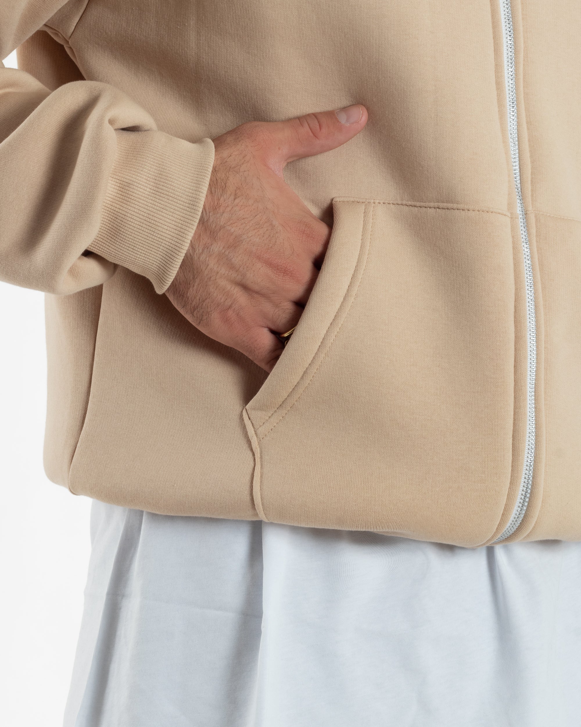 Felpa Boxy Fit Cappuccio E Zip Basic Felpata Beige F3062A