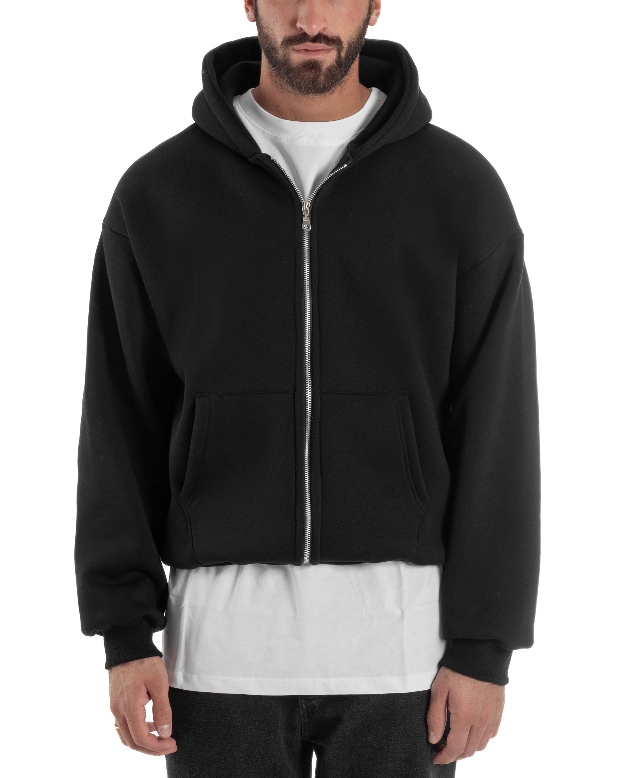 Felpa Boxy Fit Cappuccio E Zip Basic Felpata Nero F3061A