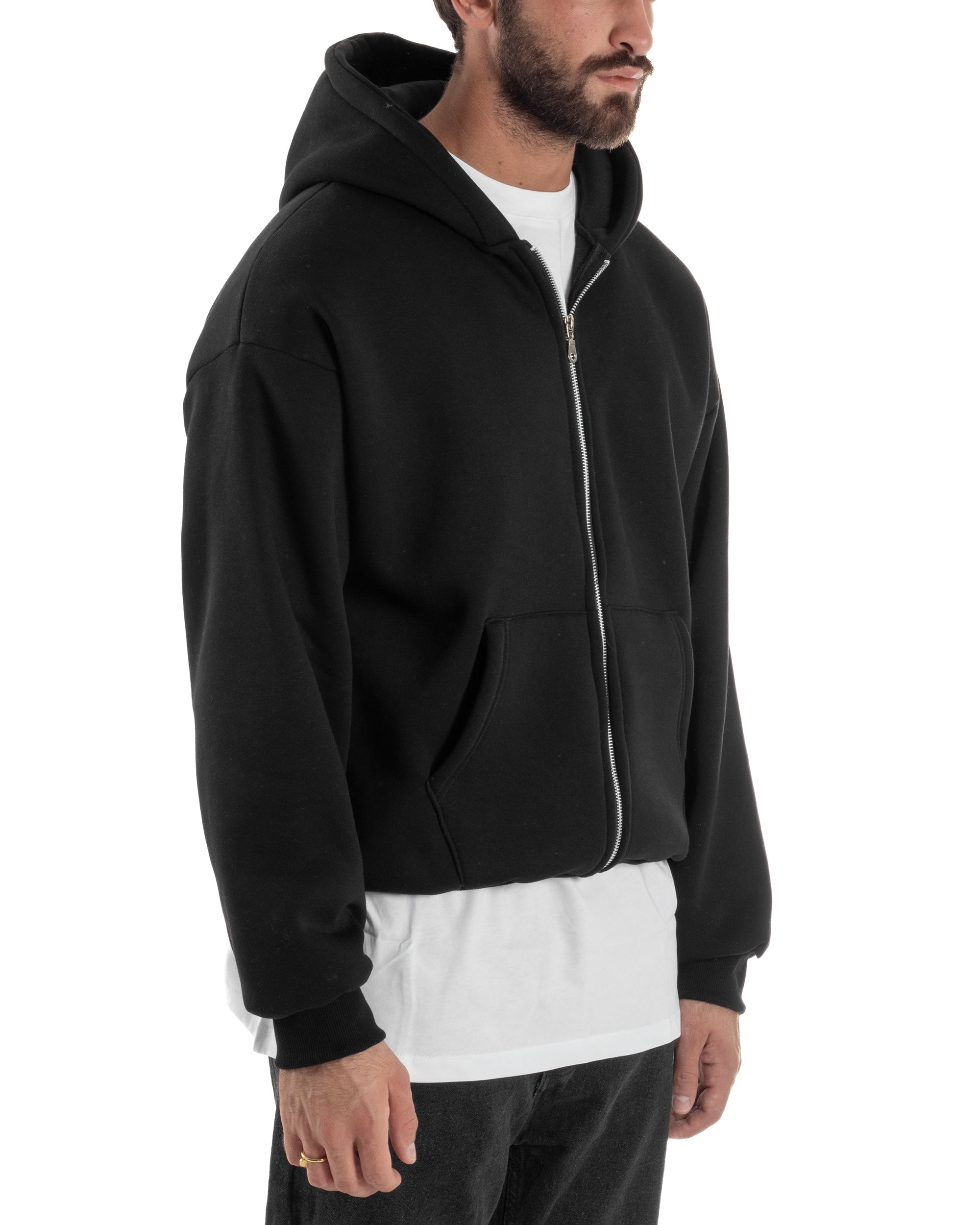 Felpa Boxy Fit Cappuccio E Zip Basic Felpata Nero F3061A