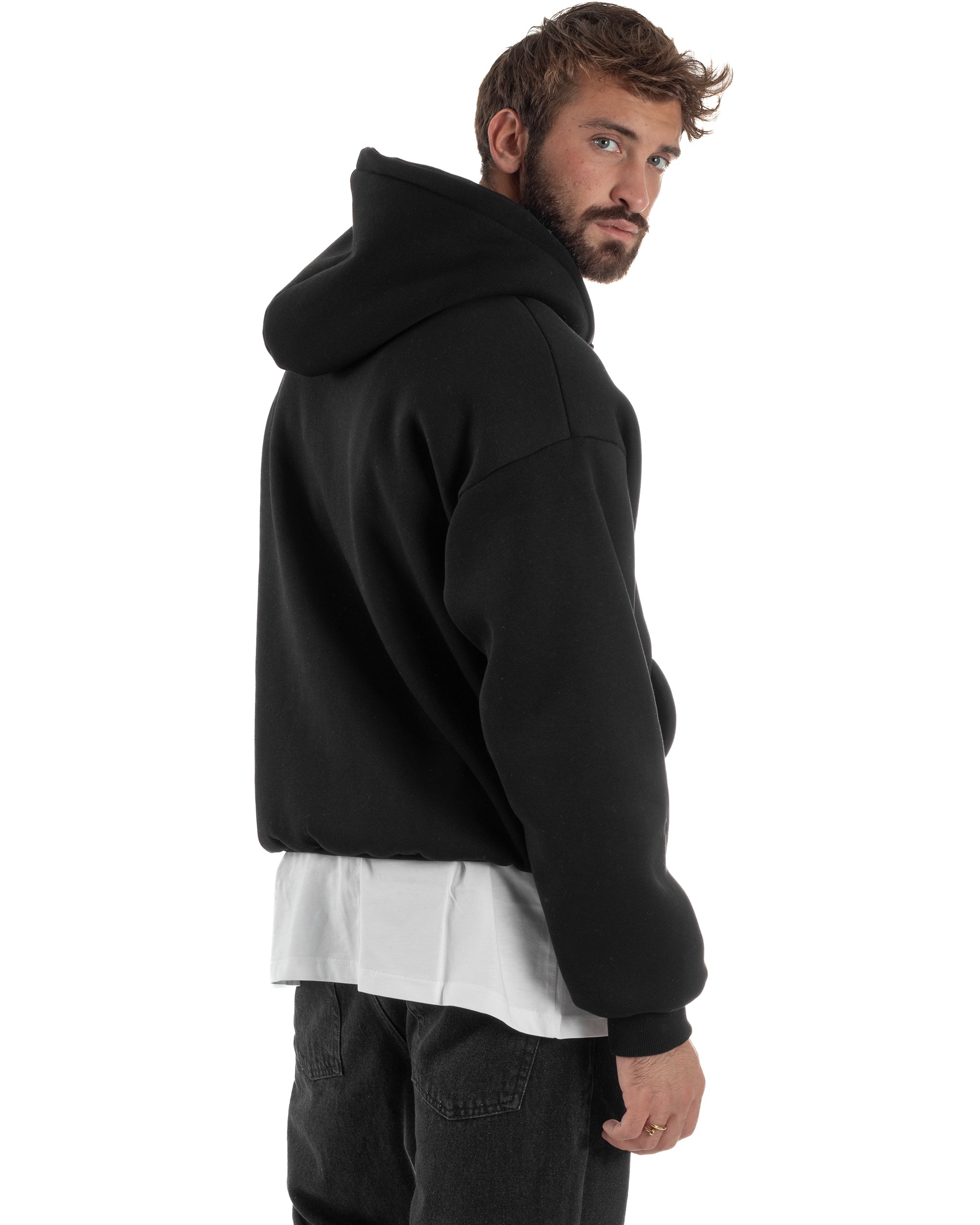 Felpa Boxy Fit Cappuccio E Zip Basic Felpata Nero F3061A