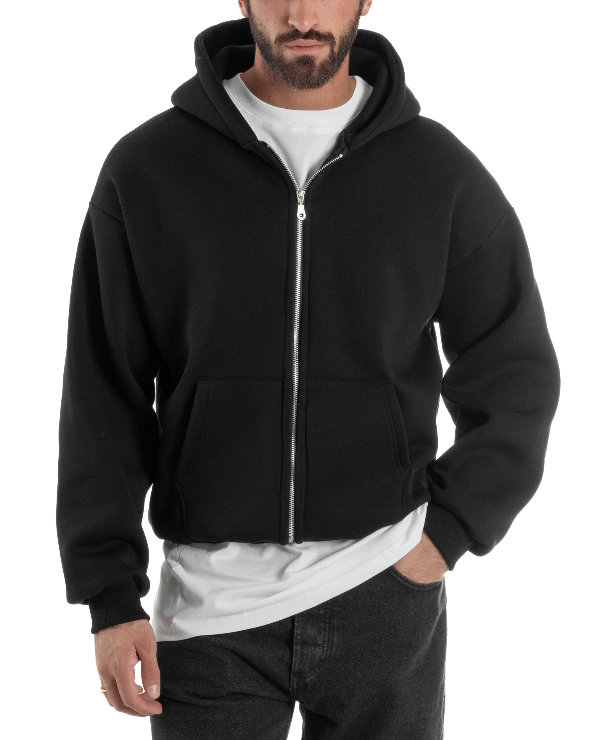 Felpa Boxy Fit Cappuccio E Zip Basic Felpata Nero F3061A