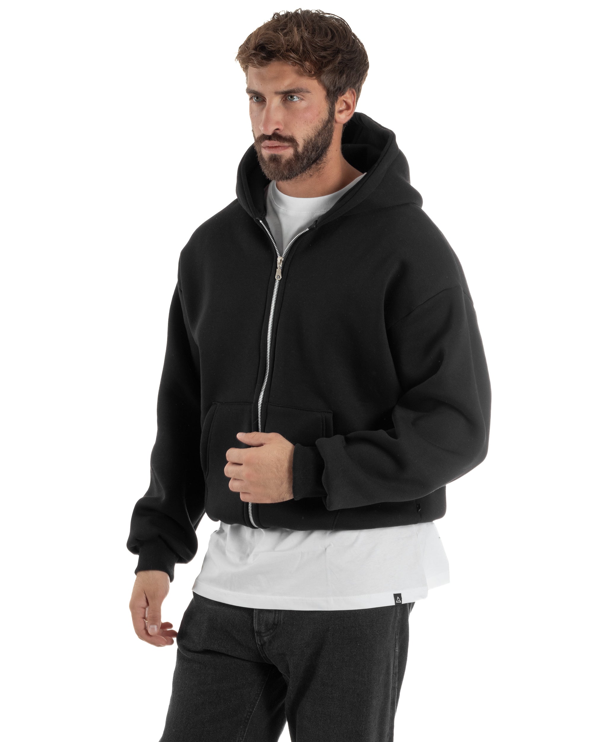 Felpa Boxy Fit Cappuccio E Zip Basic Felpata Nero F3061A