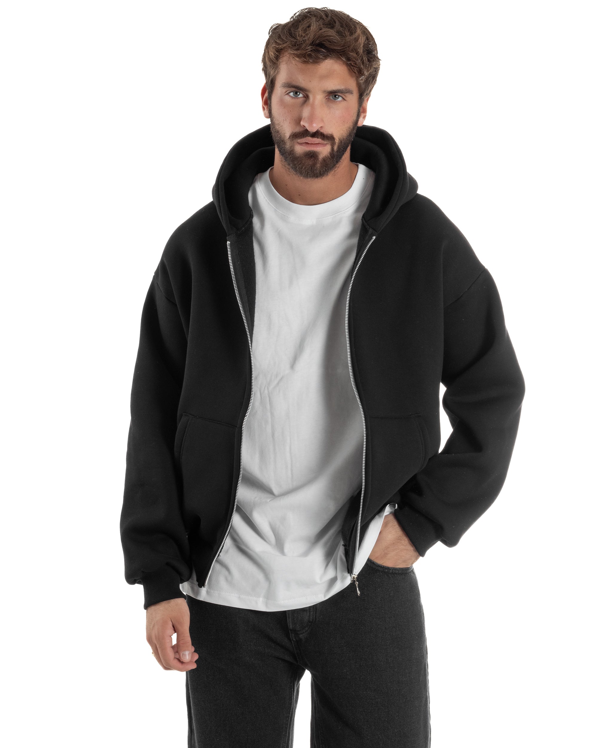Felpa Boxy Fit Cappuccio E Zip Basic Felpata Nero F3061A