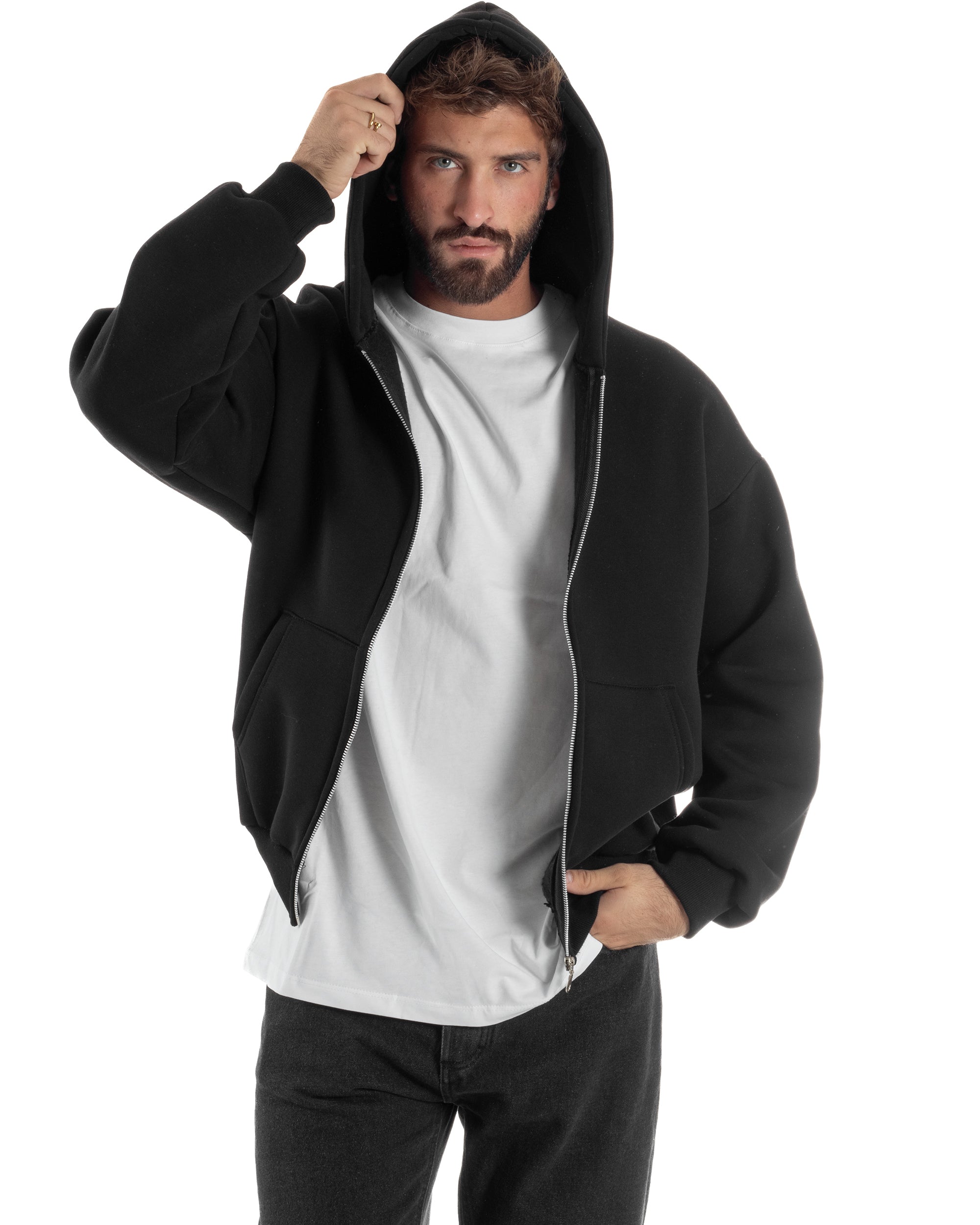 Felpa Boxy Fit Cappuccio E Zip Basic Felpata Nero F3061A