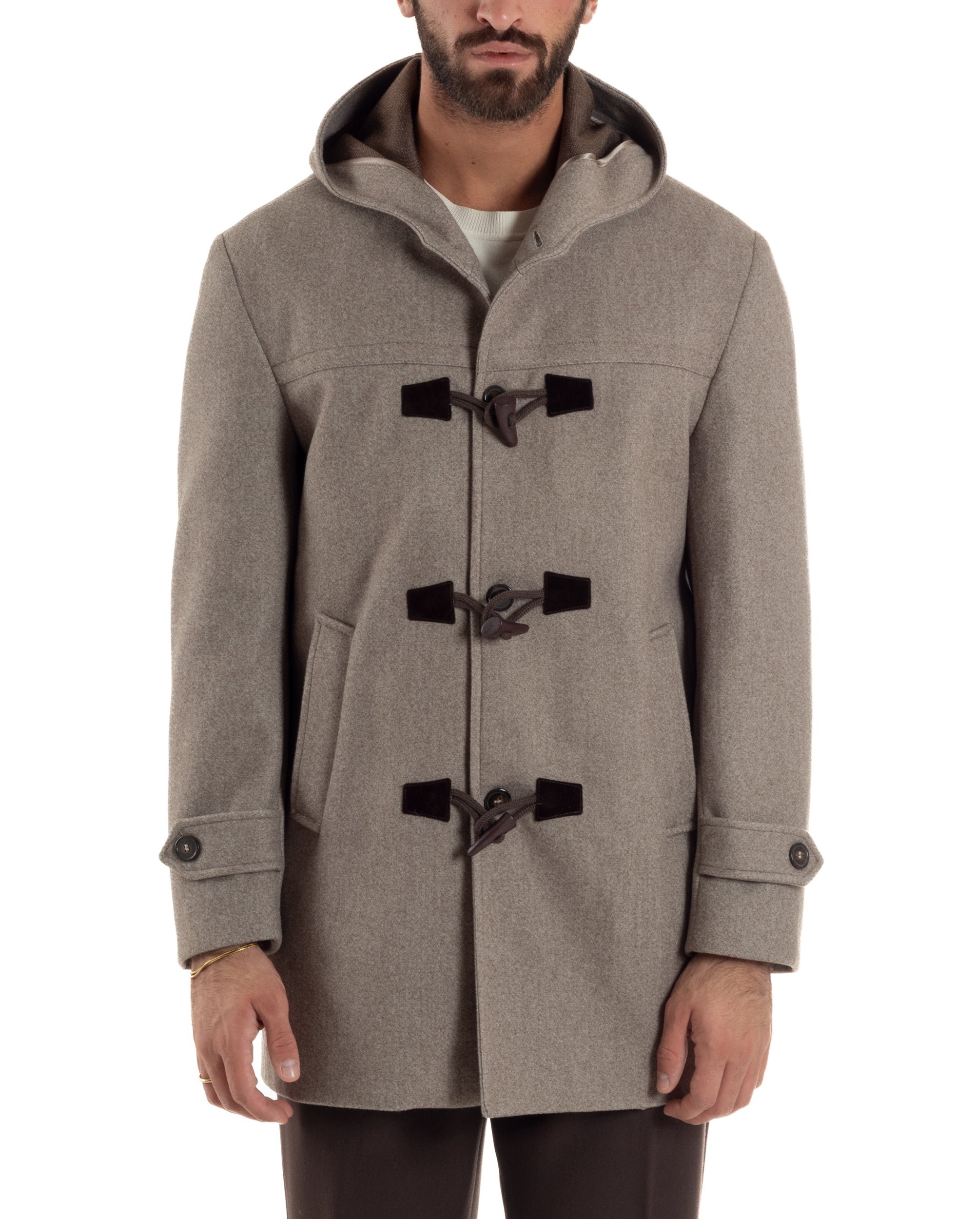 Cappotto Uomo Lana Montgomery Con Alamari E Cappuccio Beige Melangiato CO1074A
