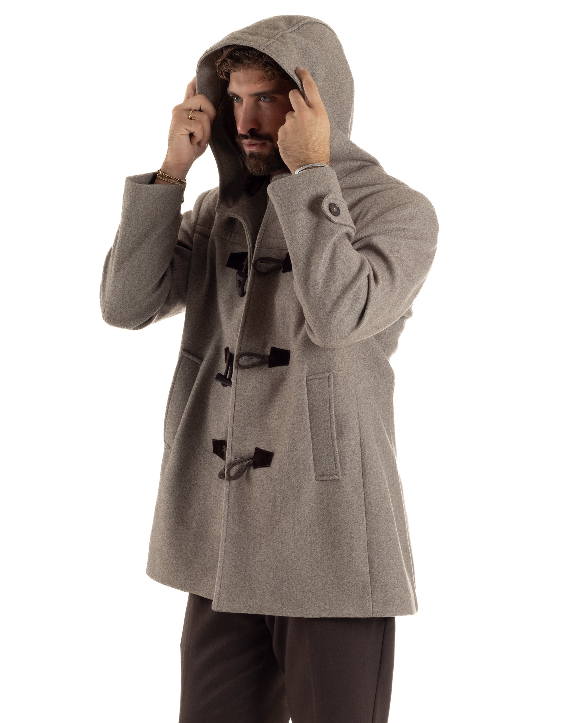 Cappotto Uomo Lana Montgomery Con Alamari E Cappuccio Beige Melangiato CO1074A