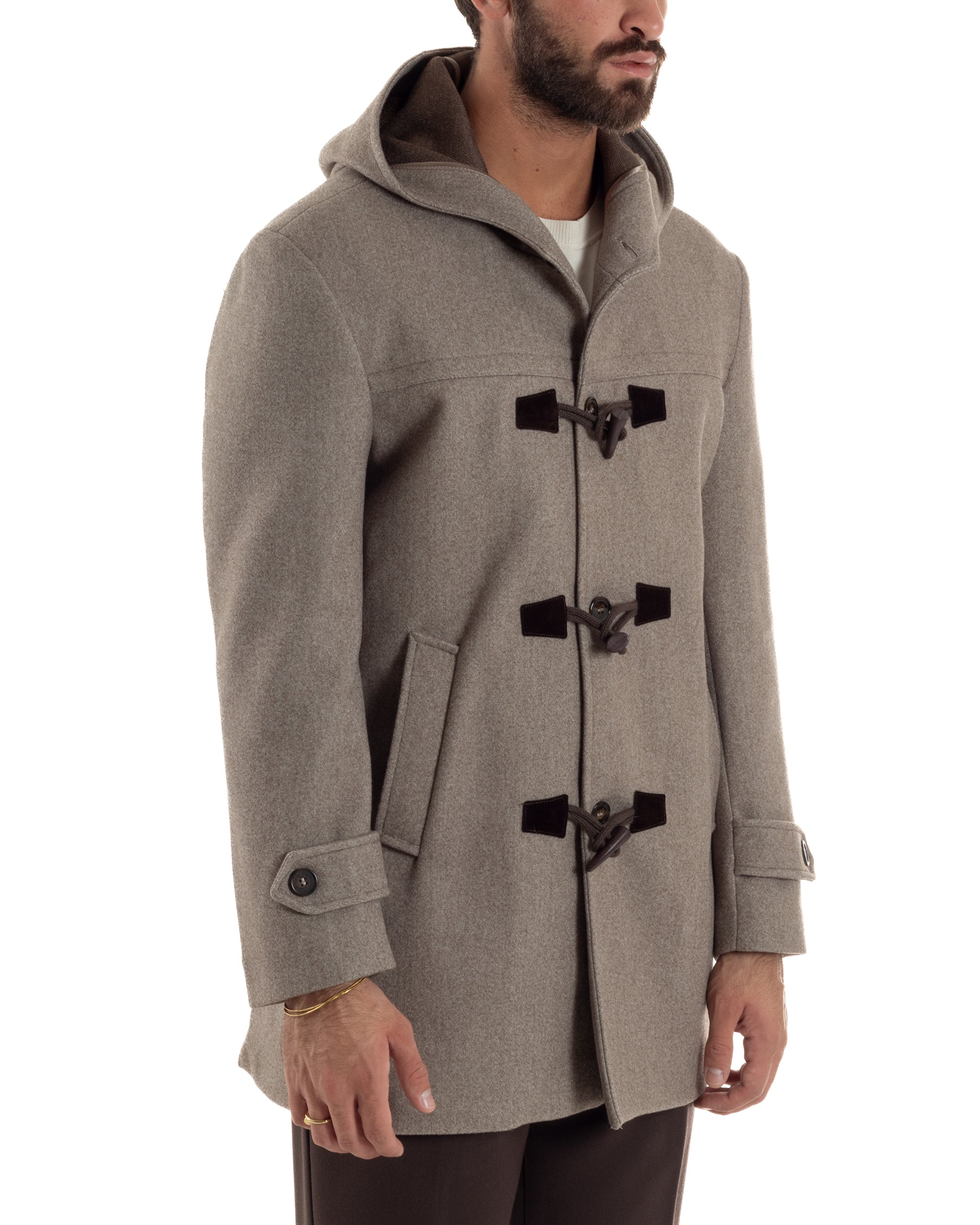 Cappotto Uomo Lana Montgomery Con Alamari E Cappuccio Beige Melangiato CO1074A