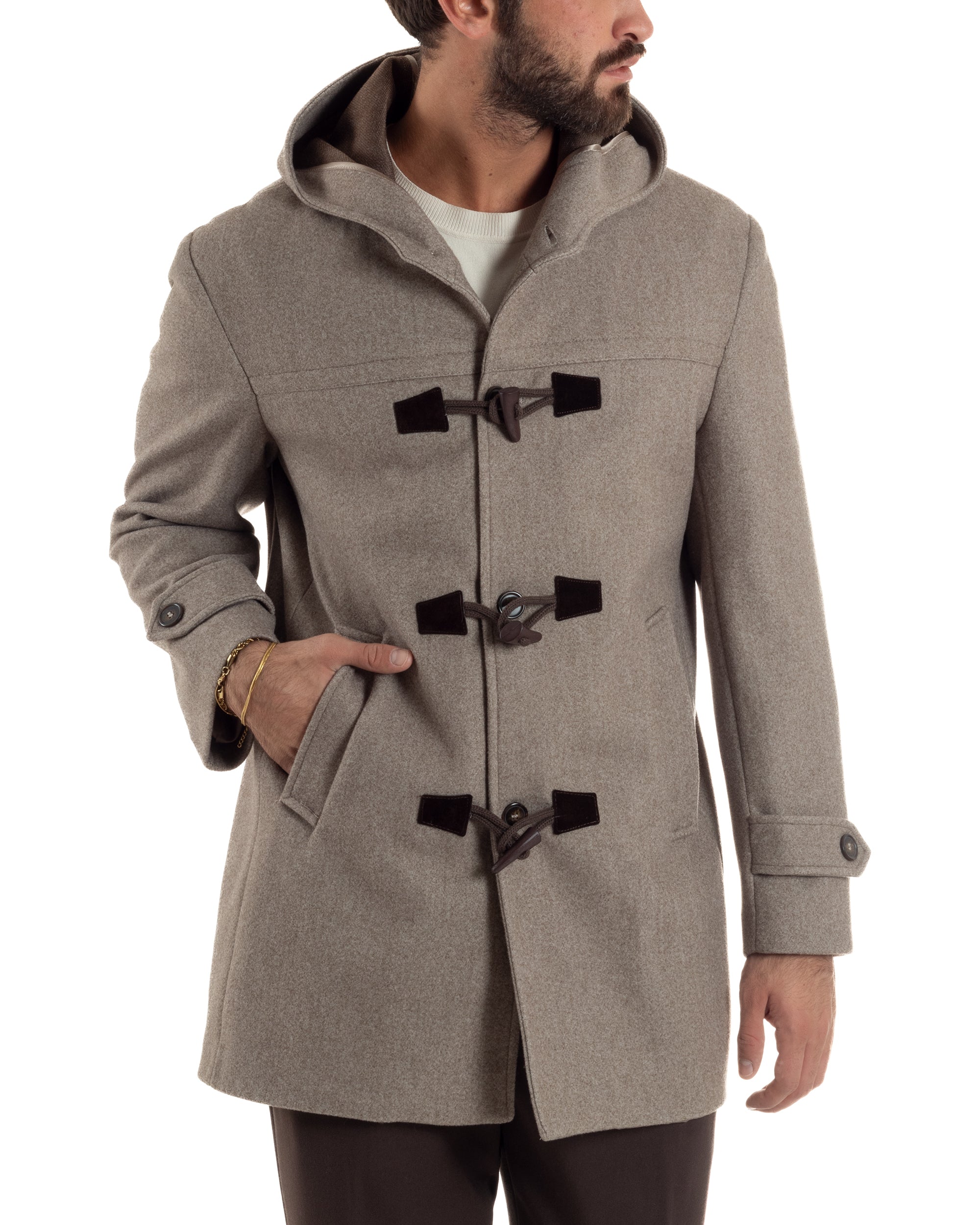 Cappotto Uomo Lana Montgomery Con Alamari E Cappuccio Beige Melangiato CO1074A