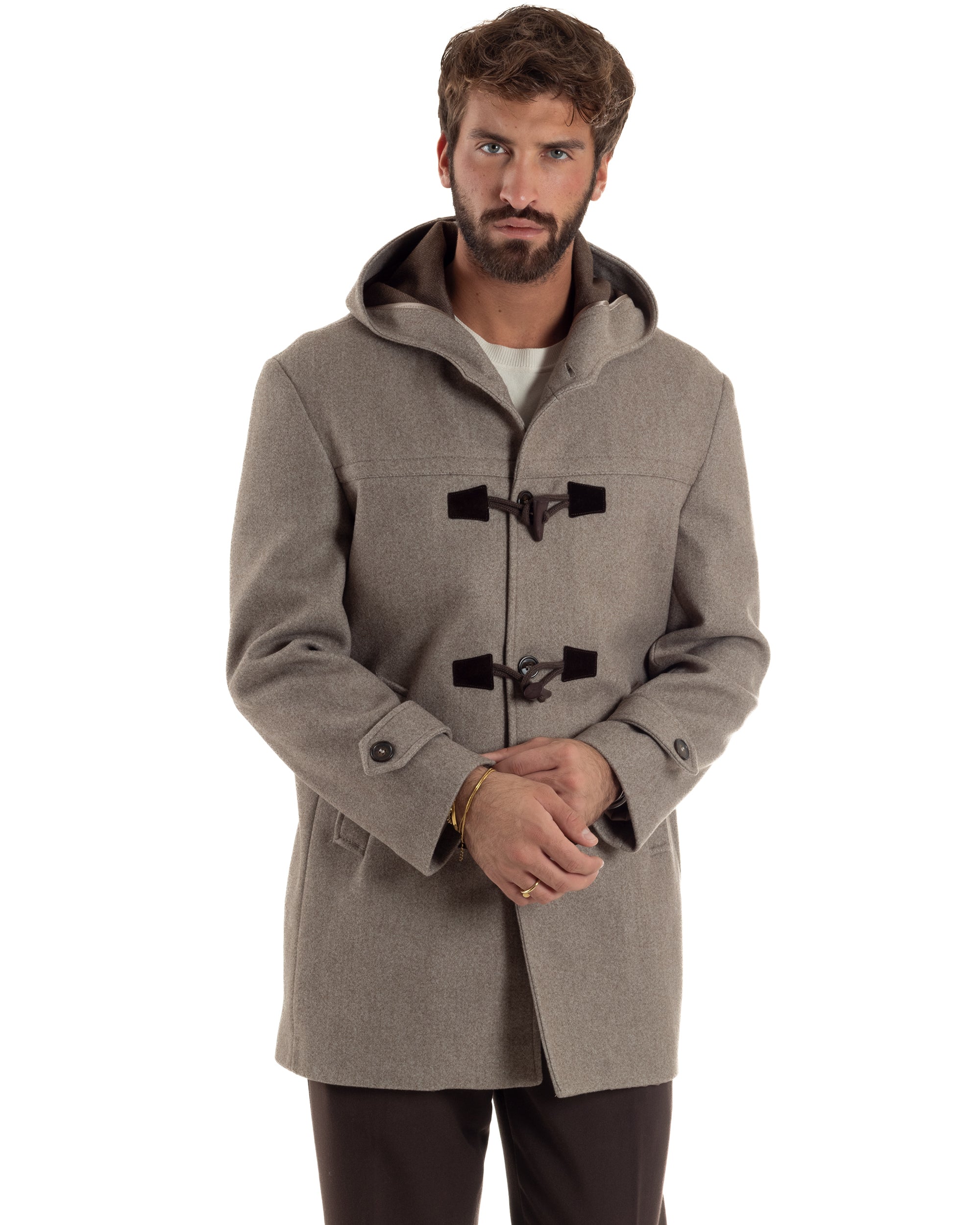 Cappotto Uomo Lana Montgomery Con Alamari E Cappuccio Beige Melangiato CO1074A