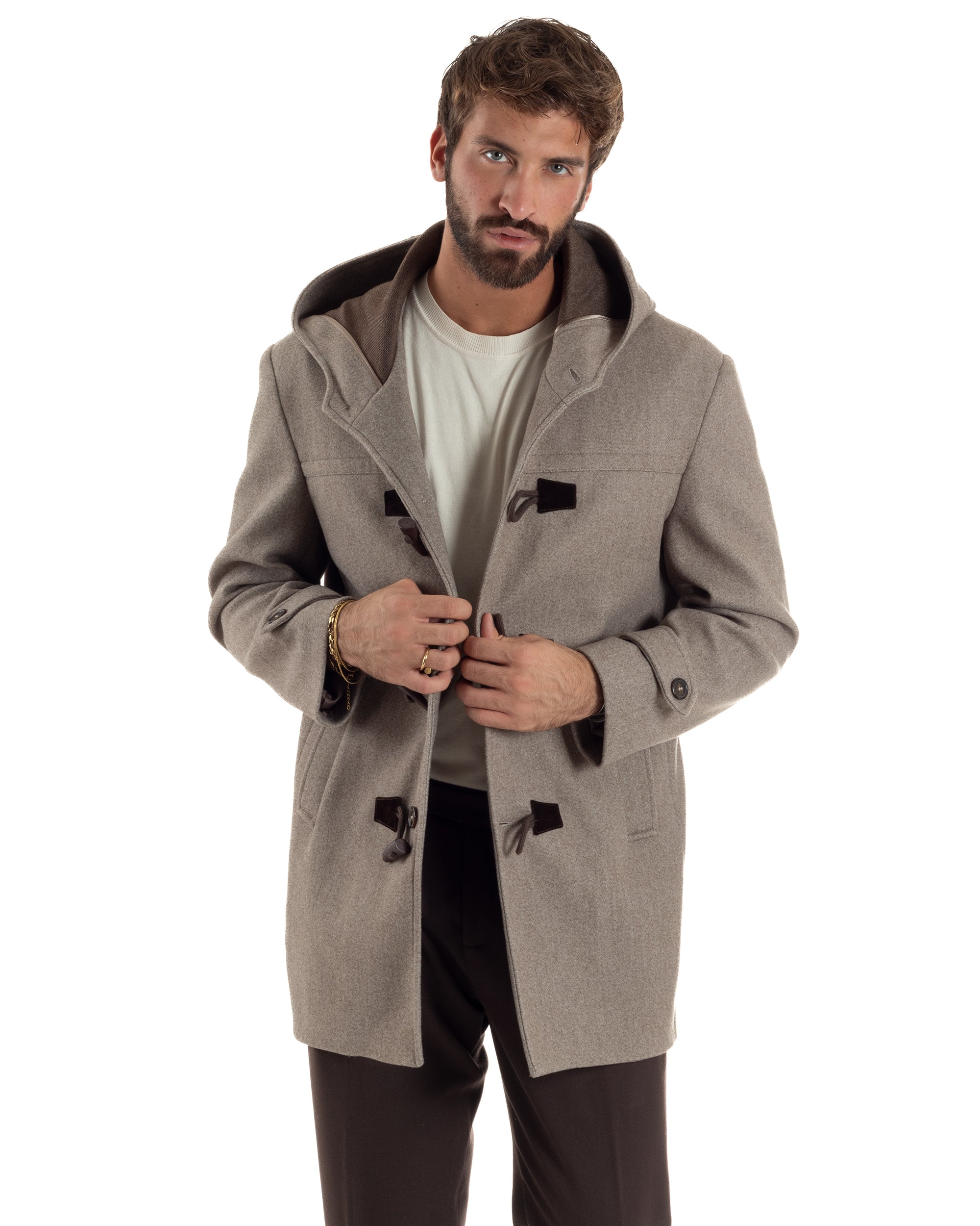 Cappotto Uomo Lana Montgomery Con Alamari E Cappuccio Beige Melangiato CO1074A