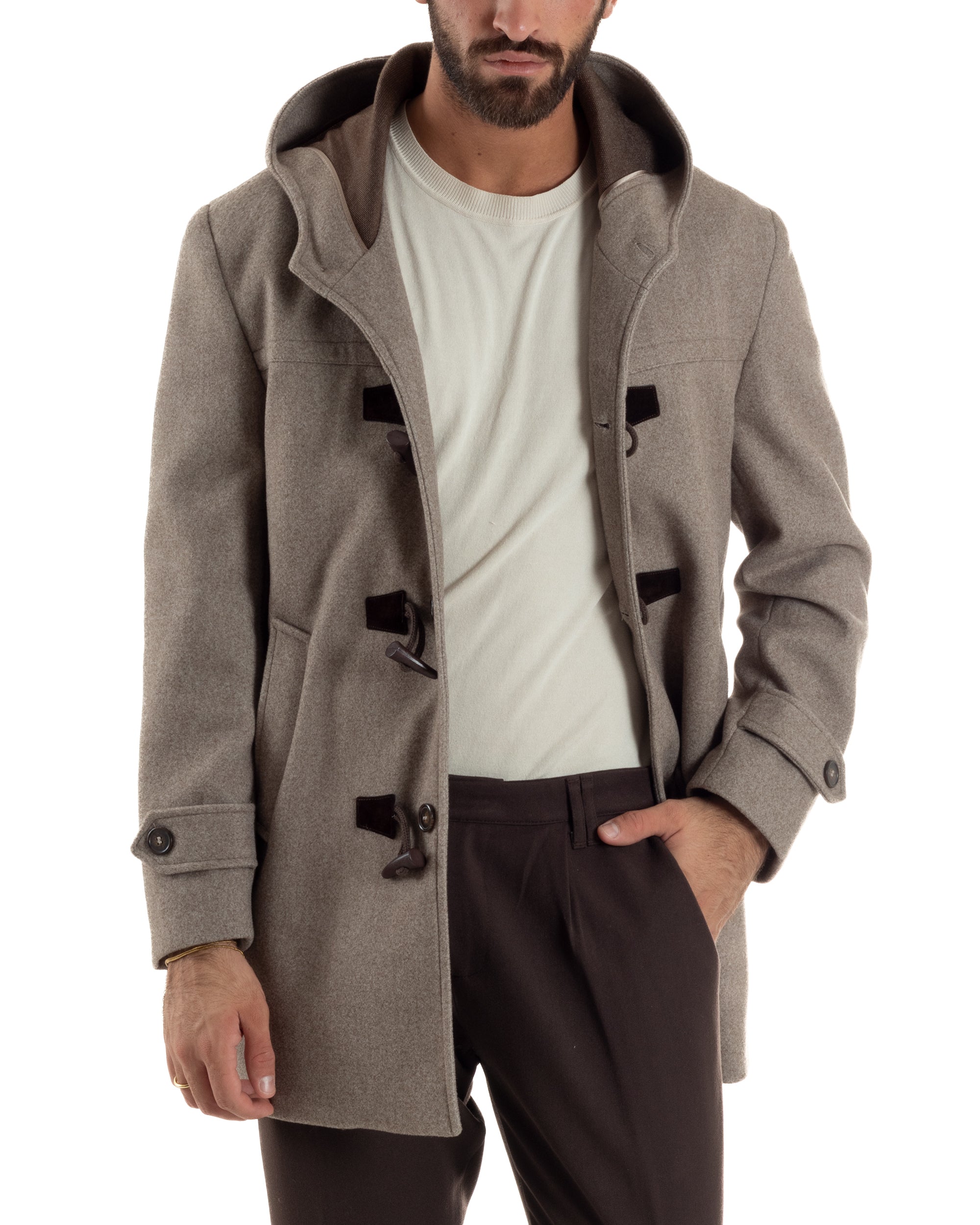 Cappotto Uomo Lana Montgomery Con Alamari E Cappuccio Beige Melangiato CO1074A