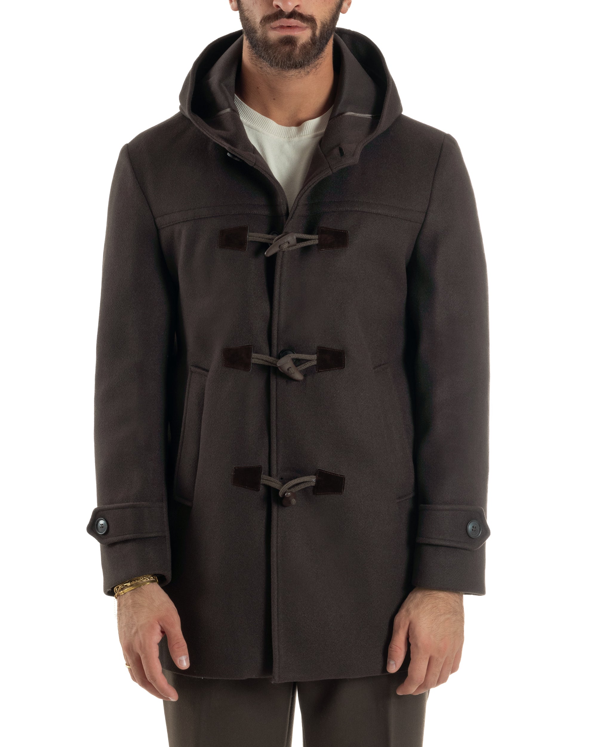 Cappotto Uomo Lana Montgomery Con Alamari E Cappuccio Marrone CO1075A