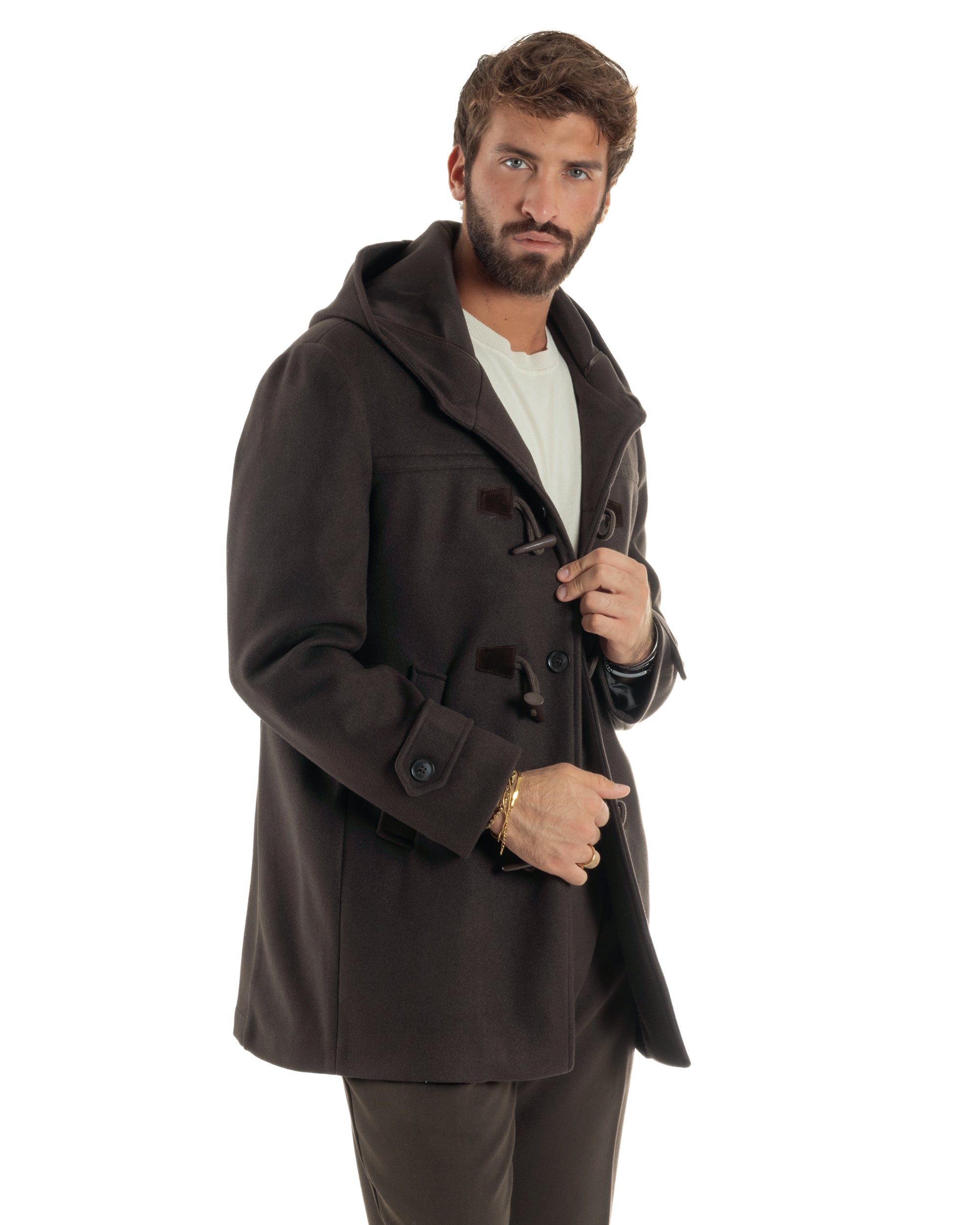 Cappotto Uomo Lana Montgomery Con Alamari E Cappuccio Marrone CO1075A