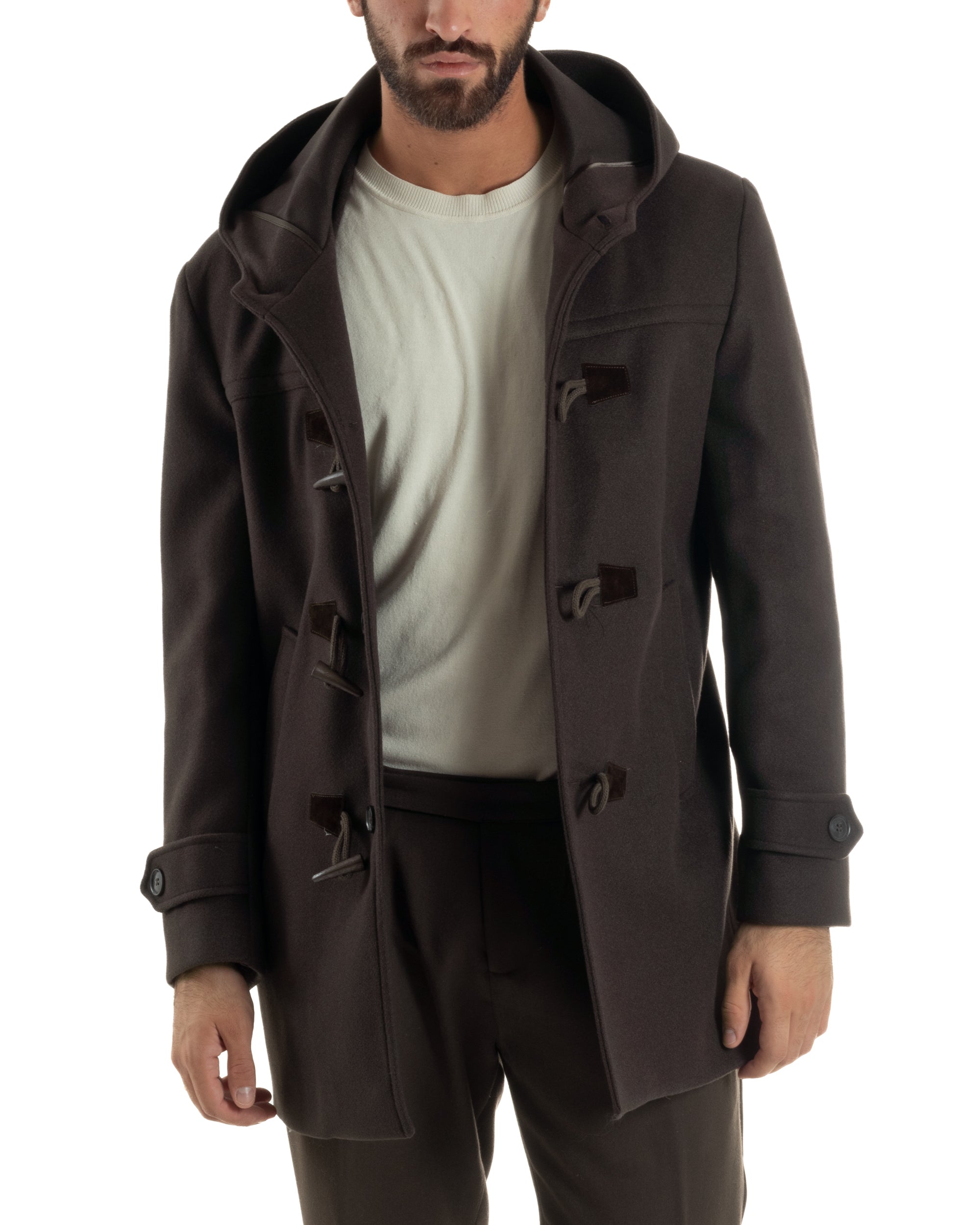 Cappotto Uomo Lana Montgomery Con Alamari E Cappuccio Marrone CO1075A