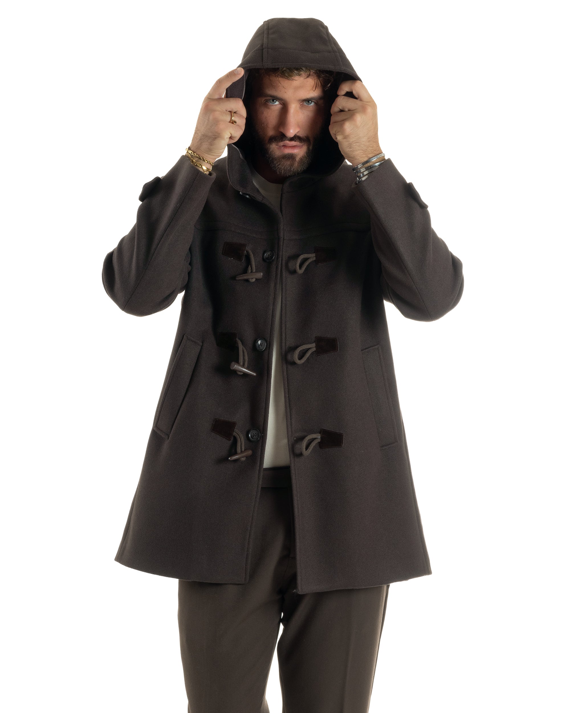 Cappotto Uomo Lana Montgomery Con Alamari E Cappuccio Marrone CO1075A