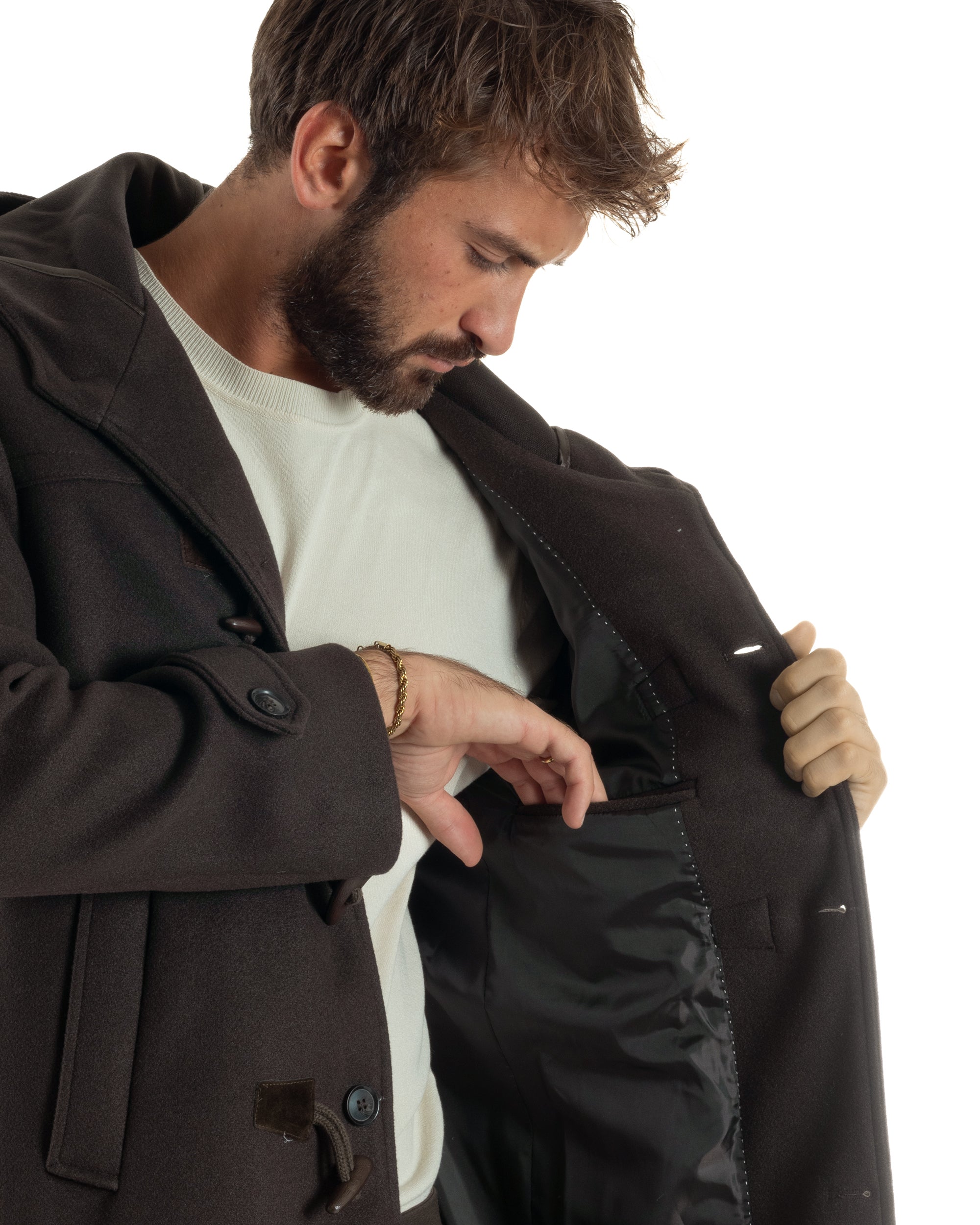 Cappotto Uomo Lana Montgomery Con Alamari E Cappuccio Marrone CO1075A