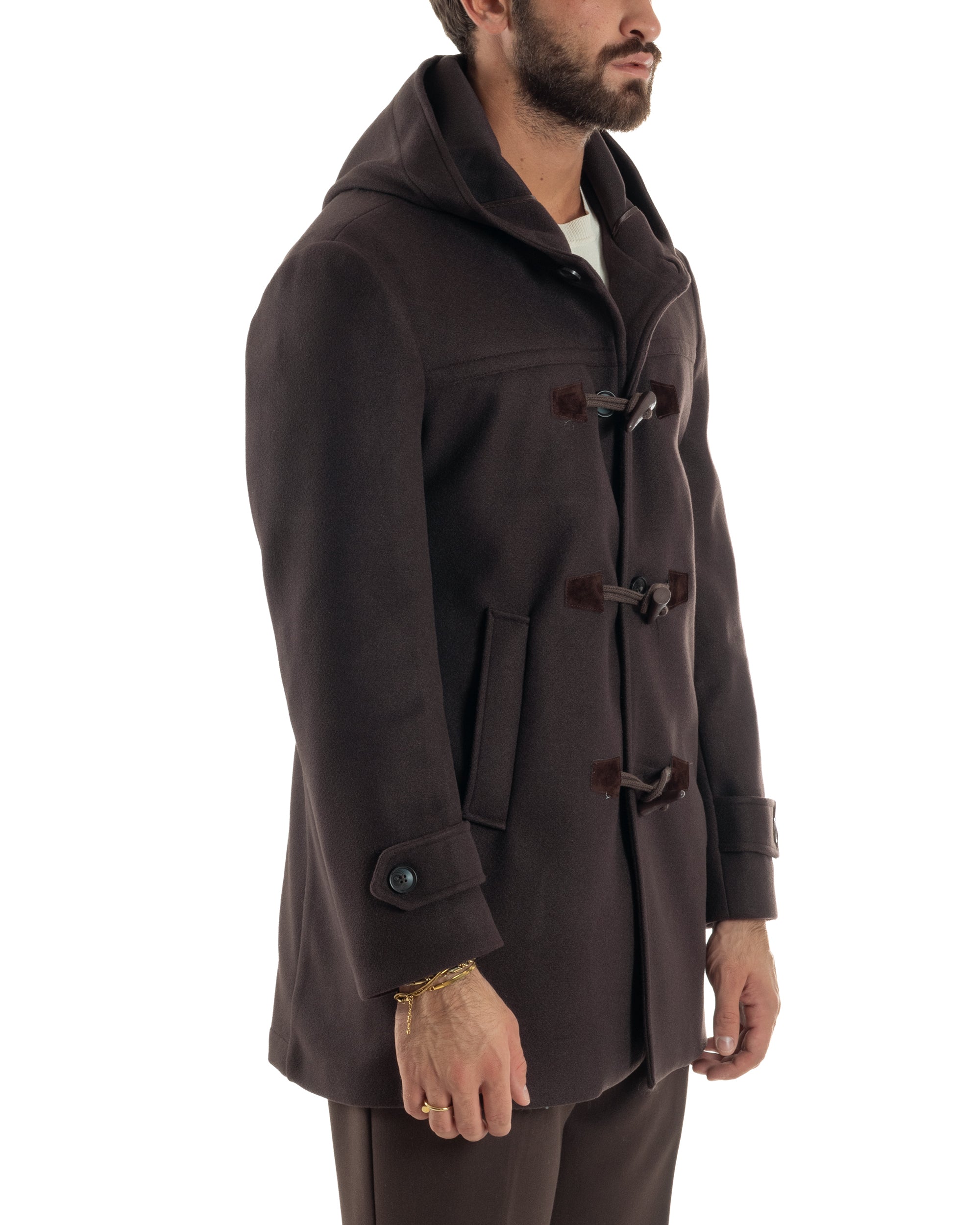 Cappotto Uomo Lana Montgomery Con Alamari E Cappuccio Marrone CO1075A