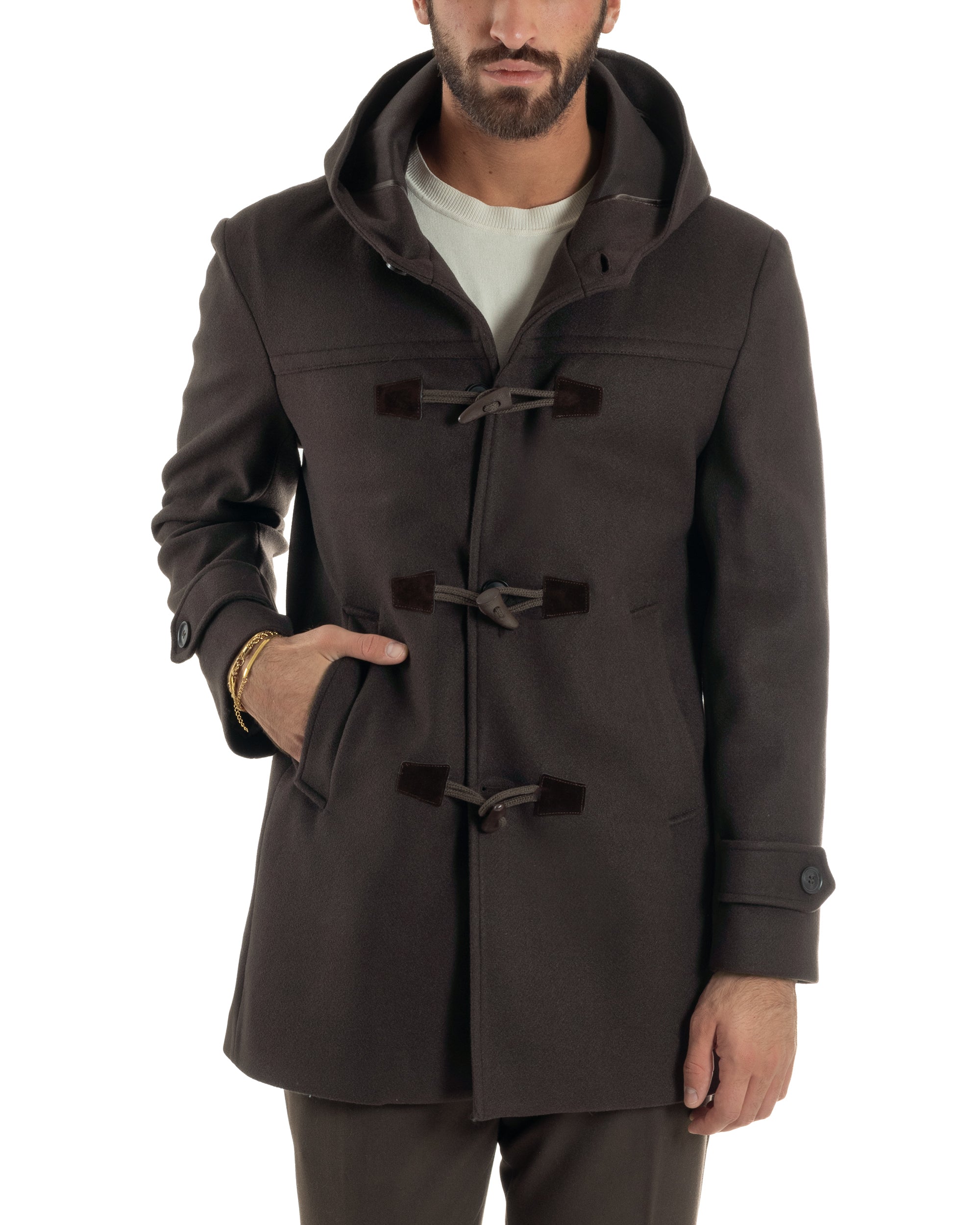 Cappotto Uomo Lana Montgomery Con Alamari E Cappuccio Marrone CO1075A
