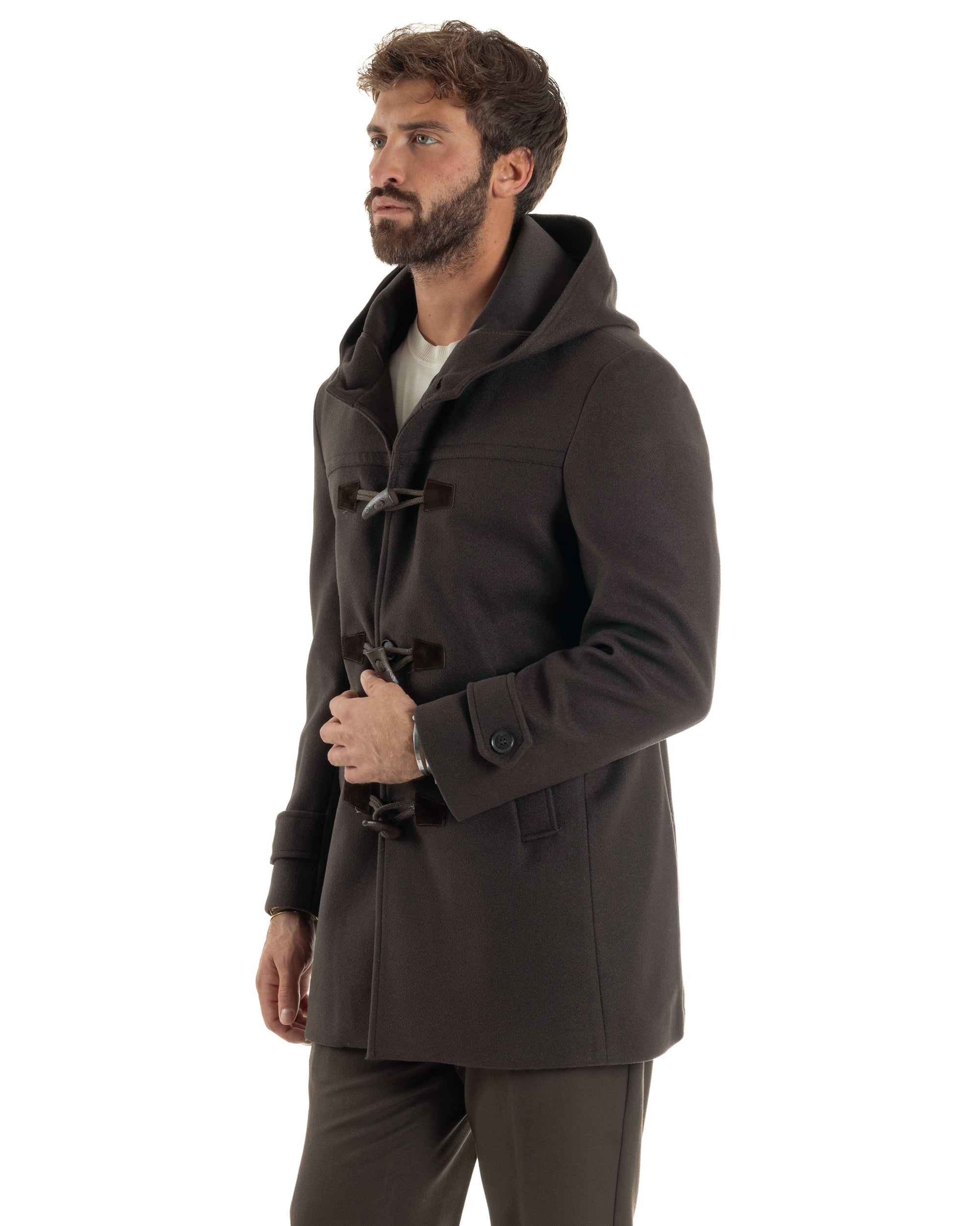 Cappotto Uomo Lana Montgomery Con Alamari E Cappuccio Marrone CO1075A