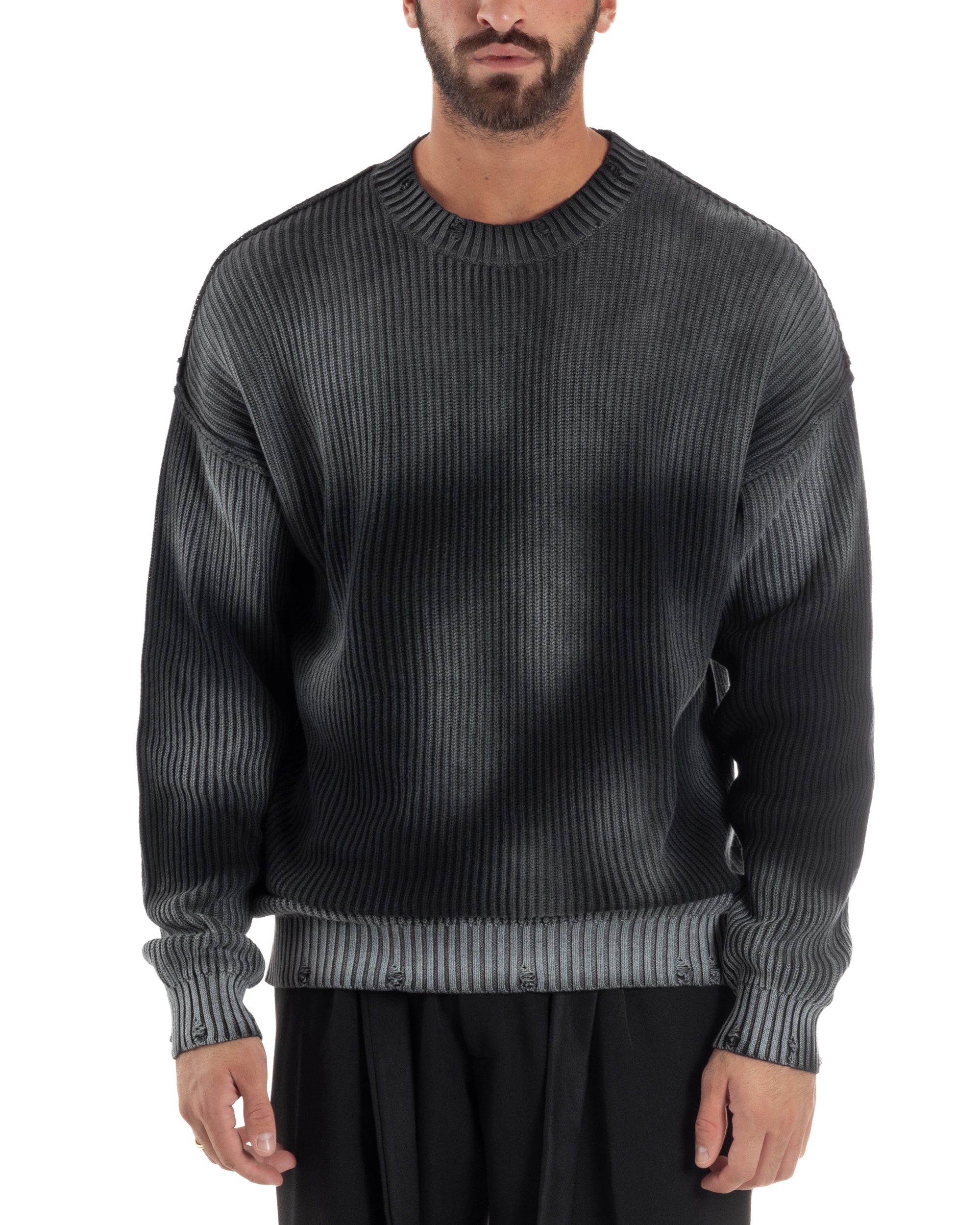 Maglione Uomo Girocollo Rotture Oversize Sfumato Nero M3046A